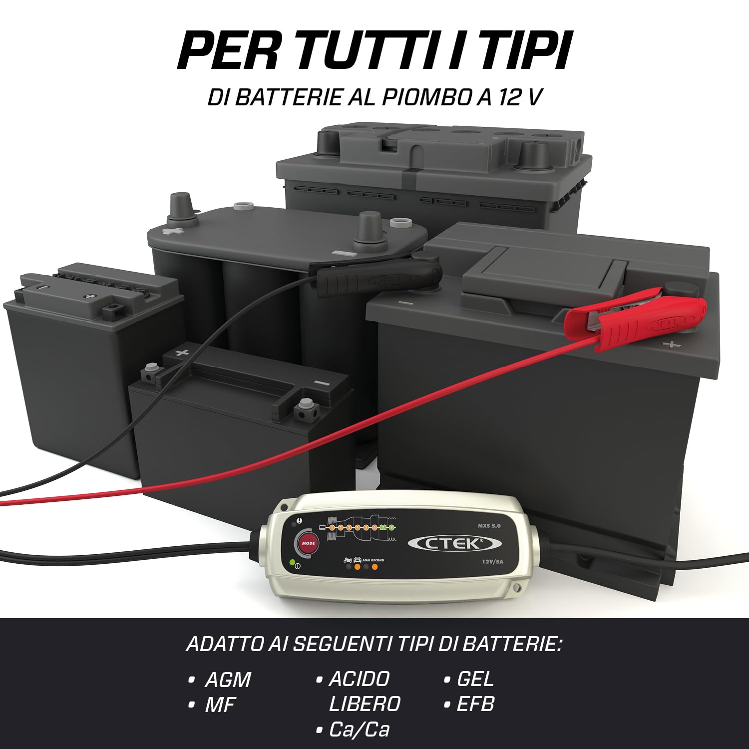 CTEK MXS 5.0, Caricabatterie 12V 5A, con Compensazione della Temperatura Integrata, Caricabatterie Auto e Moto, Caricabatterie Intelligente, Manutentore della Batteria con Modalità Ricondizionamento
