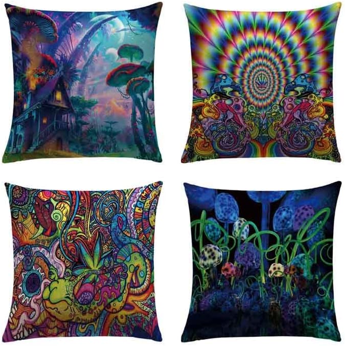 LITVACK Juego de 4 fundas de almohada decorativas con diseño de hongos de fantasía funda de cojín de 18 x 18 pulgadas