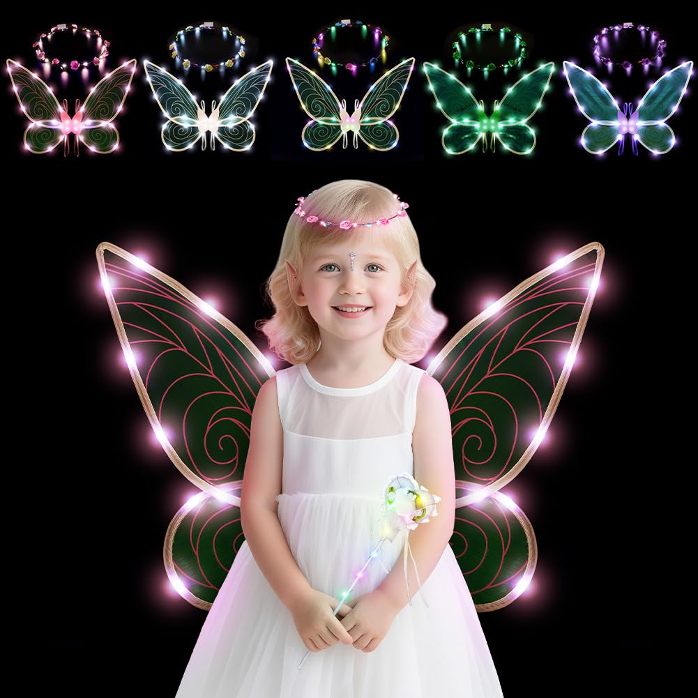 AOOWU Ali da Fata a Forma di Farfalla, 5 Pezzi Ali di Fata Luminose, Ali di Farfalla, Ali di Ragazze, Ali Fata Donna Bambina, per Carnevale Halloween Natale Gioco di Ruolo Festa