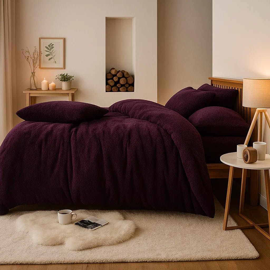 FEELIT Teddy Bear Fleece Double Bedding Set – Soft & Cosy Fluffy Duvet Cover with 2 Pillowcases | Thermal Warm & Comfortable Winter Bed Linen (Aubergine, King (U.K. Standard))