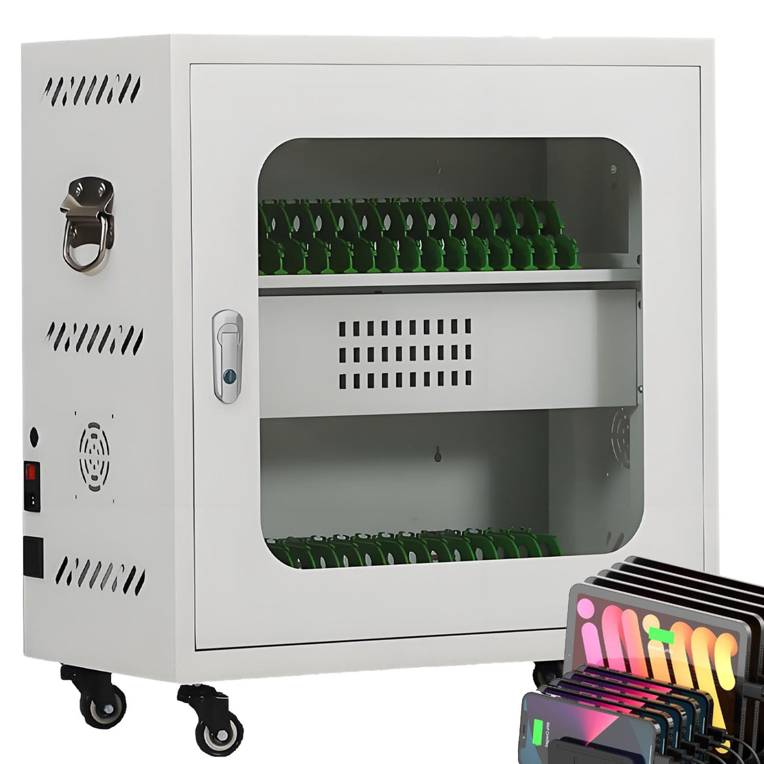 UORDBY Laptop & Phone Charging Cabinet, Rechargeable Phone Locker Charging Cart, 4 Universal Wheels, Security Lock, 5V 2A Charging for Classroom/Office Devices 30slots