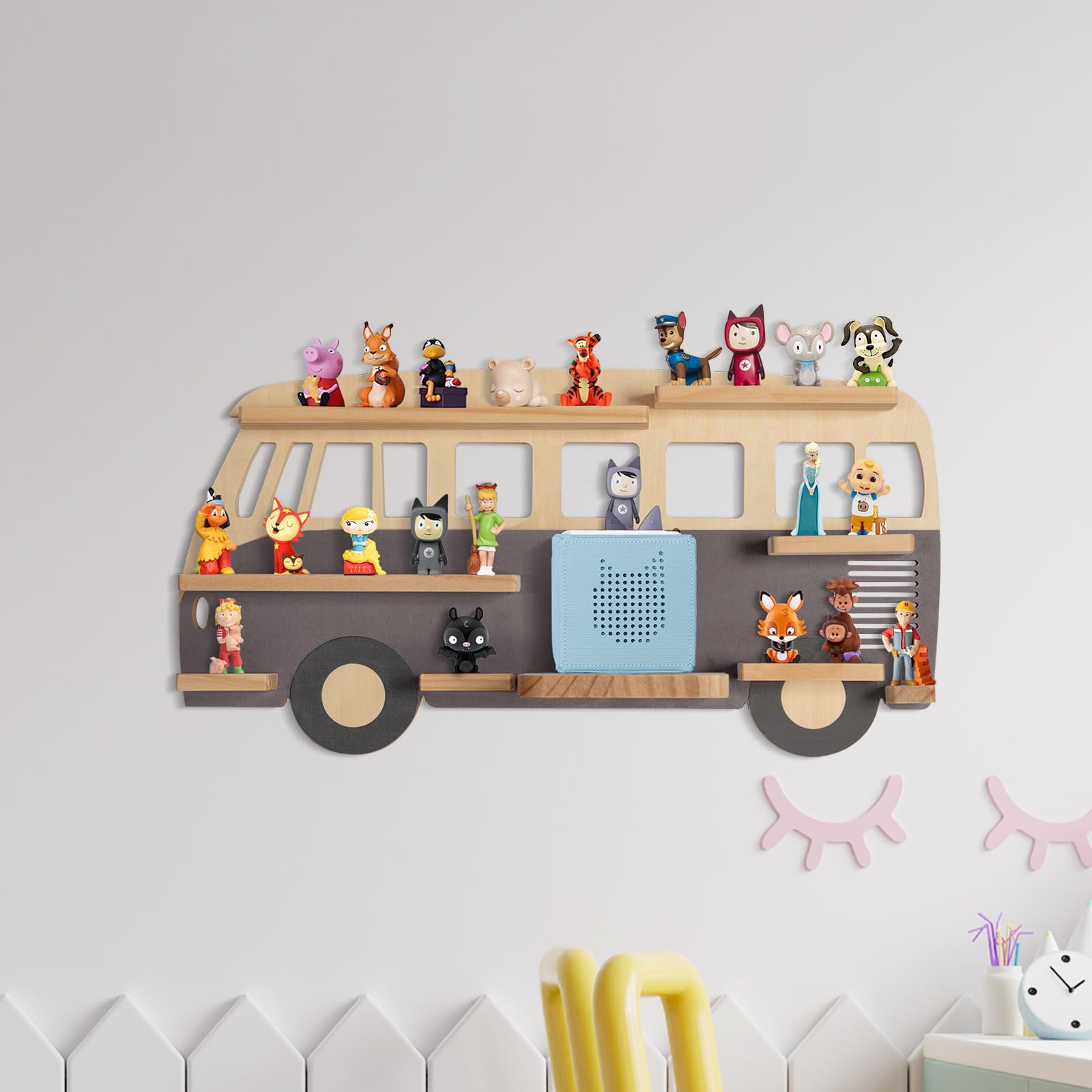 Todeco Étagère magnétique, pour Tonie Box et Tonies, Jusqu'à 20-25 Tonies, Murale Étagère pour boîte à Musique pour Enfant, Bus Gris