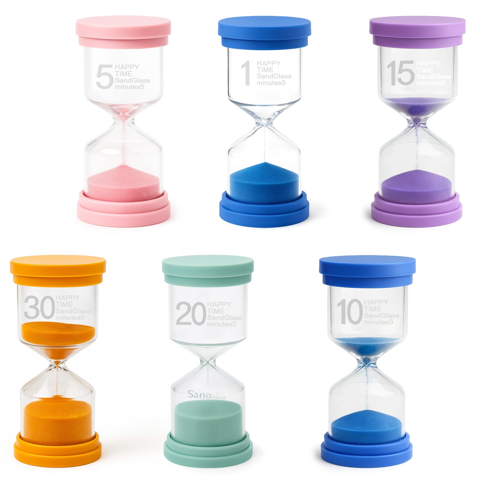 KAIYAY Set di 6 clessidre per bambini, con clessidra colorata per bambini, set da 1/5/10/15/20/30 minuti, timer in vetro per la vita dei bambini, apprendimento, tempistica, regali creativi