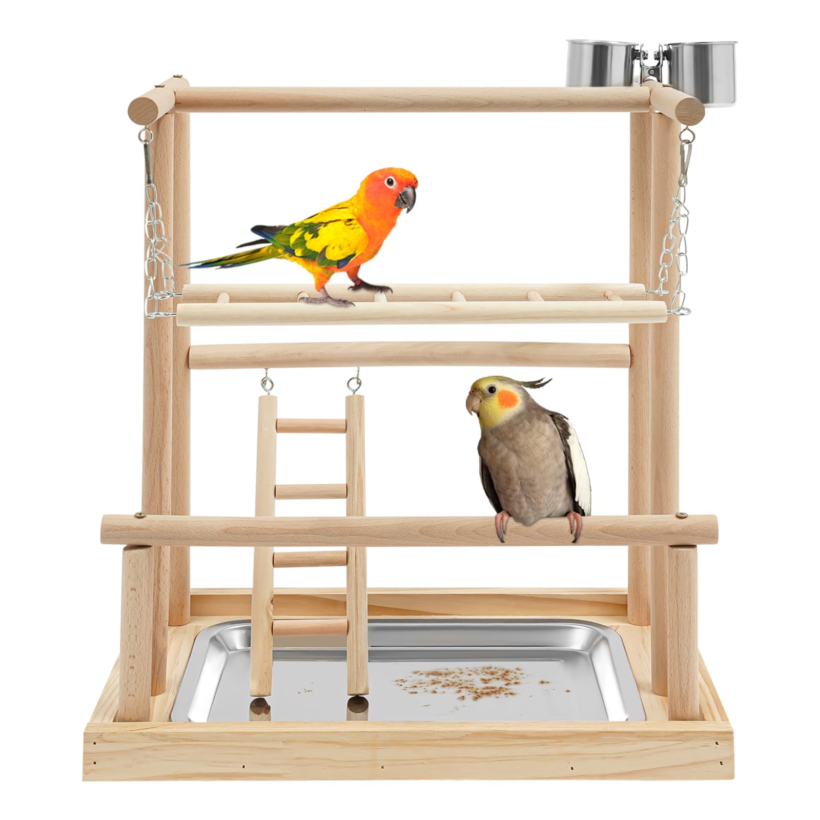 Papageienspielregal Holzvogelspielstand Vogelspielplatz mit Leiter und Kletterschaukel aus Holz und Edelstahl 40x26x45.5cm Naturholz Für Wellensittiche Ziegensittiche Kleinvögel