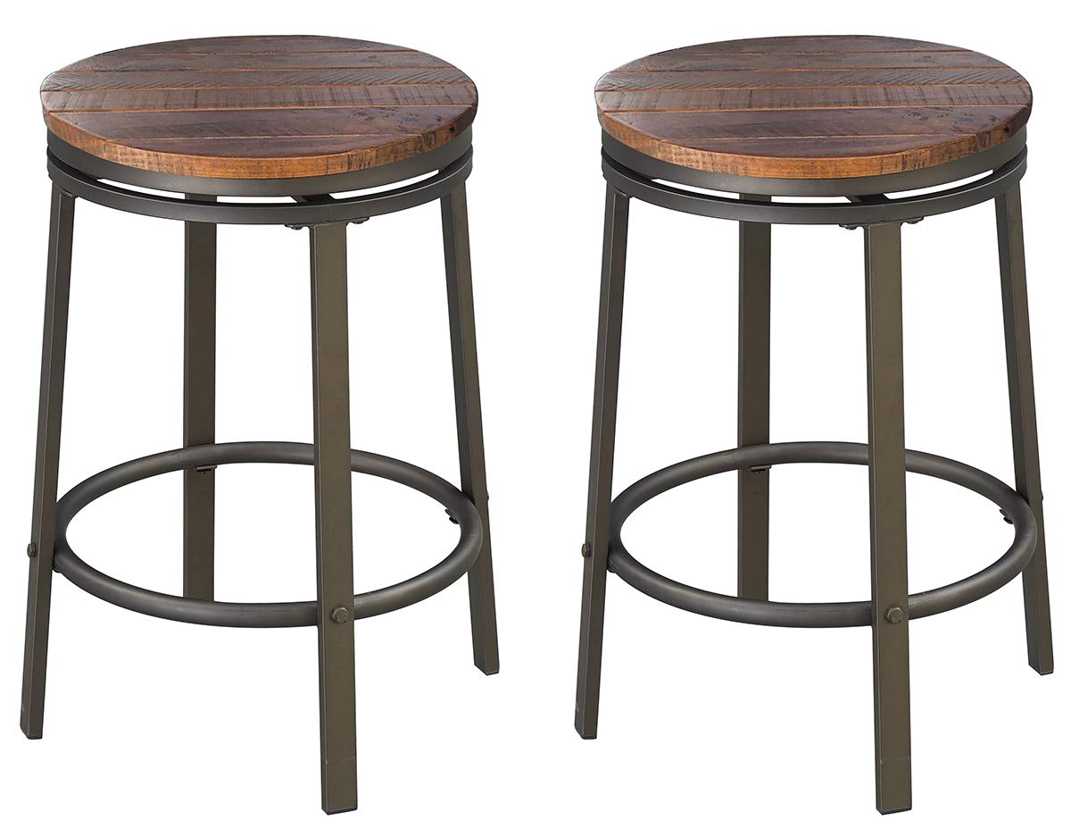 O&K FURNITURE24-Inch Backless Swivel Bar Stools Counter Height, Industrial Kitchen Backless Barstools, Wood and Metal Bar Stool Chairs Set of 2, Dark Brown