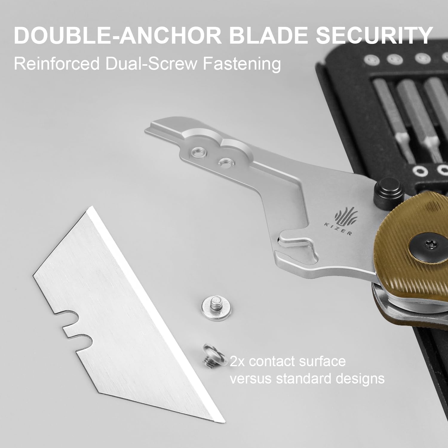 Kizer Uti Bear(New Dual-screw Version) Folding Utility Knife, Clutch Lock Box Cutter EDC Pocket knife with 5PCS Razor Blades, Pocket Knives with Pocket Clip for Men Women V3619JA4