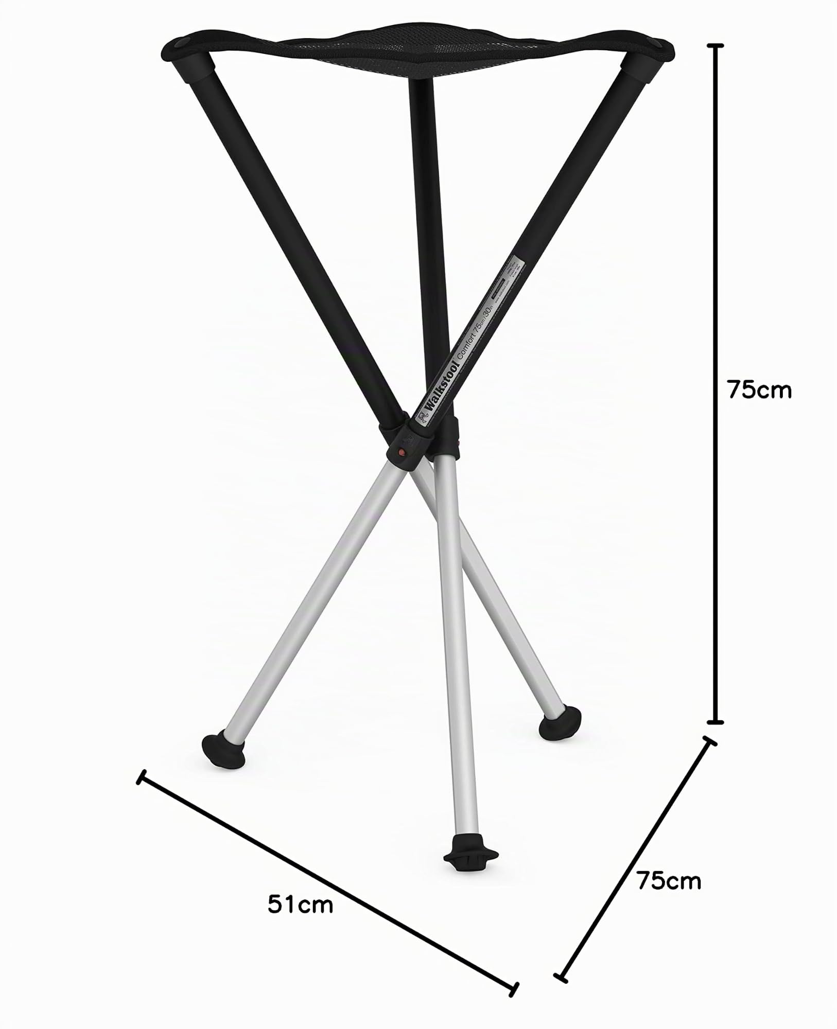 Walkstool - Modelo Comfort - Negro y Gris - Taburete Plegable - 3 Pies Regulables de Aluminio - Altura de 45 a 75 cm - Carga máxima de 200 a 250 kg - Hecho en Suecia