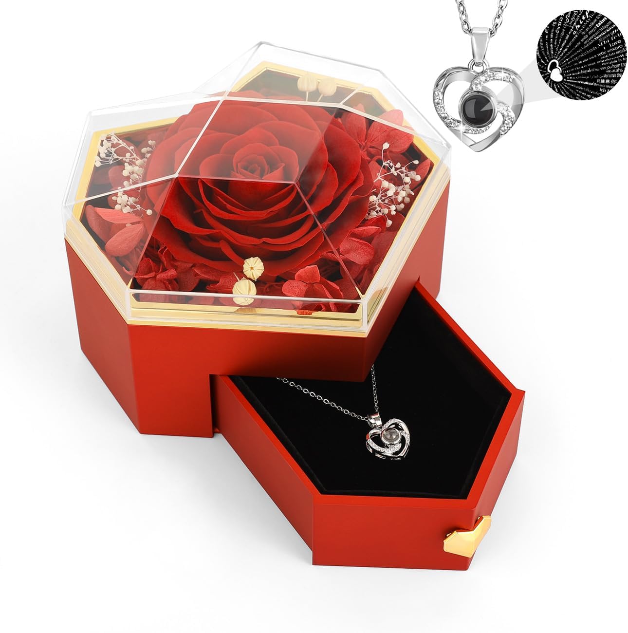 Emibele Preserved Rose Gifts for Women, Eternal Flower Rose Box with Heart Necklace, Romantic I Love You Gifts for Her Women Wife Mom Grandma on Valentines Mothers Day Birthday Anniversary
