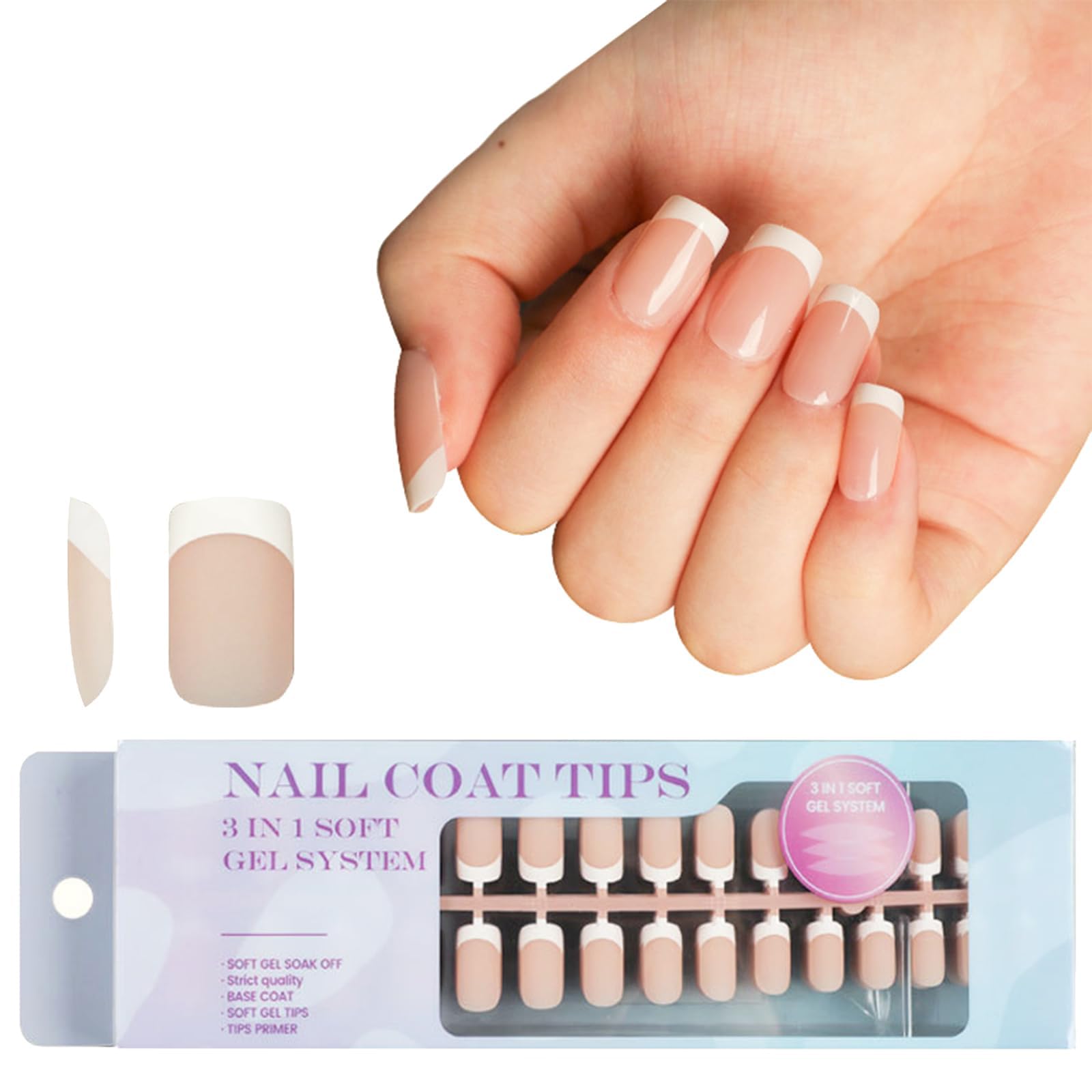 3 in 1 Nails Tips French False Nail Tips 300Pcs Square Coffin French Press on Nails - Pre Applied Tip Base Coat Cover, Soft Gel Fake Nails for Nail Extension Easy DIY, Nude