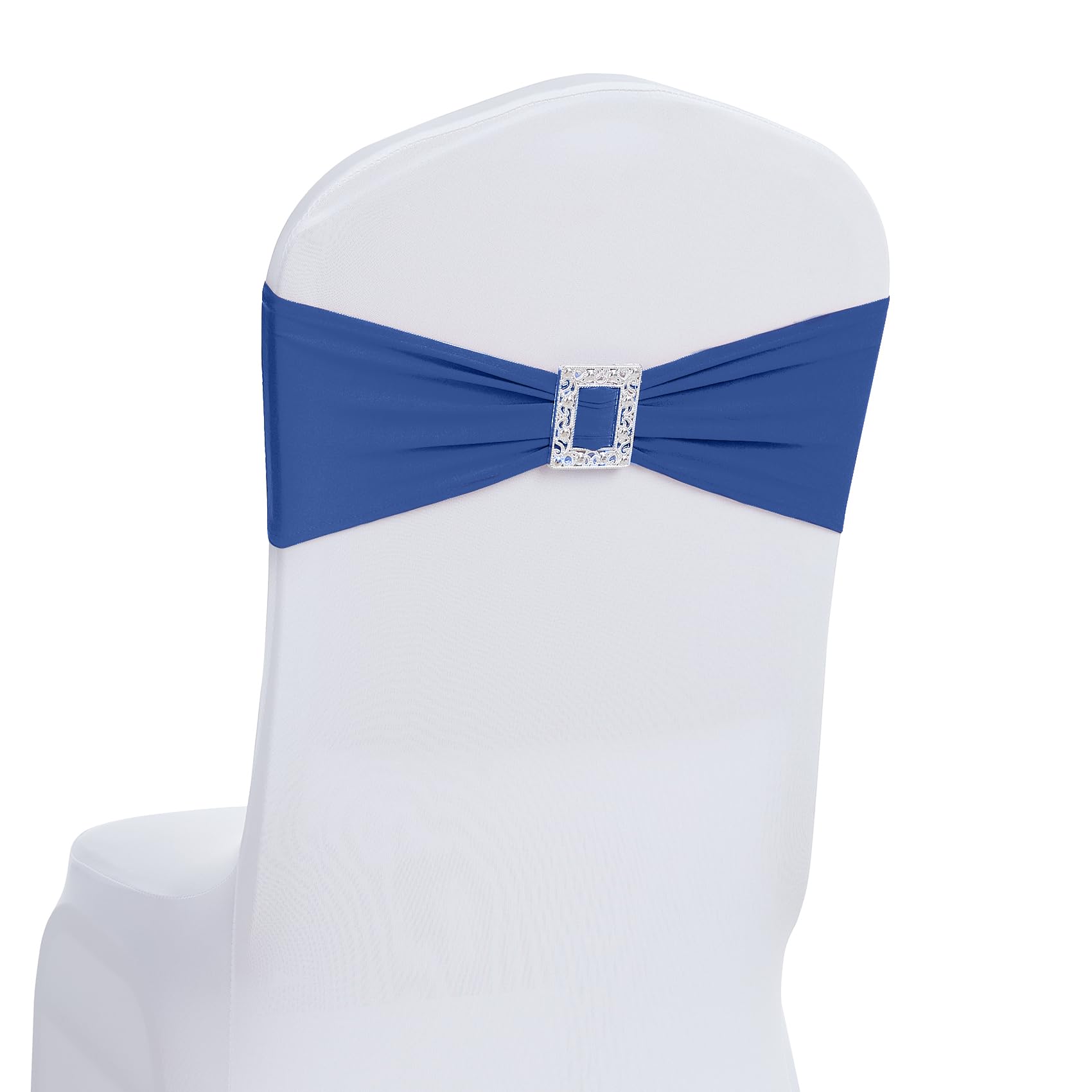 Joccun 120 PCS Spandex Chair Sashes Bows Stretch Chair Cover Band with Buckle Slider Universal Elastic Chair Ties for Wedding Banquet Party Event Decoration (Navy)
