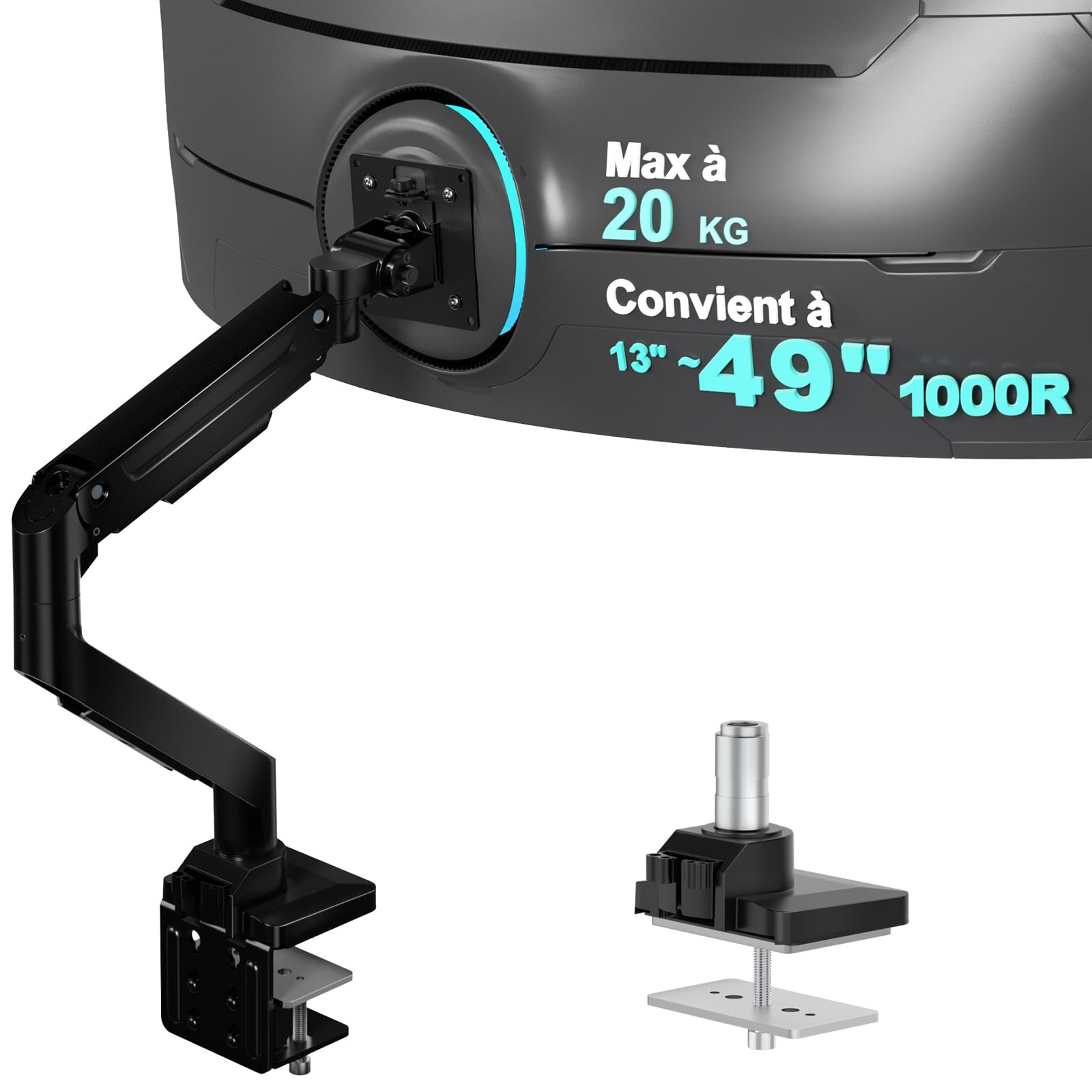 WALI Bras pour écran Ultra Large jusqu'à 49" et 20 kg, Support de Moniteur Robuste, entièrement réglable, VESA 75 et 100 mm (GSM001XL), Noir