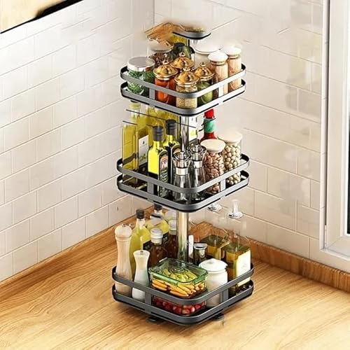 PYXBE 360° Rotating Spice Rack Organiser | Non-Slip Lazy Spice Holder Organizer for Kitchen, Bathroom, Living Room | 3 Tier Multifunctional Tabletop Spice Rack for Seasonings plm (3-Tier-Square)