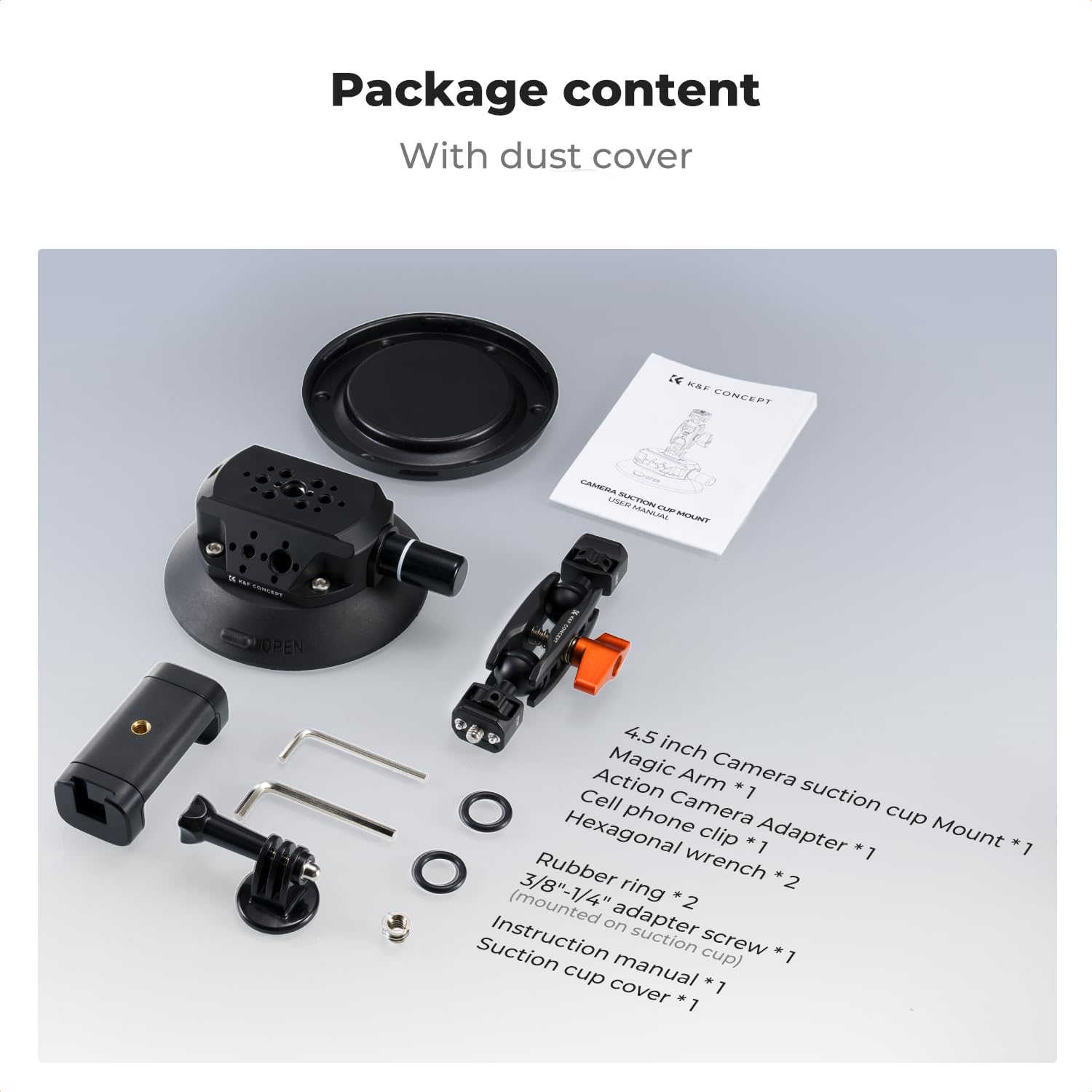 K&F CONCEPT 10,5 cm uchwyt z przyssawką, głowica kulowa Magic Arm, ARRI | 1/4" 3/8", do samochodu, GoPro, DJI, Insta360 X4, telefonu komórkowego, Action Cam, 360°, MS45