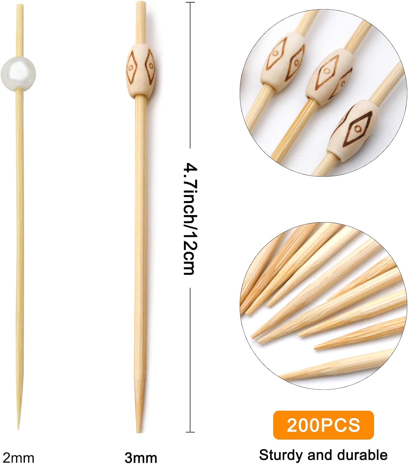 BLUE TOP 200PCS Oval Wood Pearl Cocktail Picks for Drinks&Food, 4.7 Inch Fancy Decorative Cocktail Toothpicks Food Picks, Decorative Bamboo picks for Hallowen Parties Bar Hotel Events July 4th