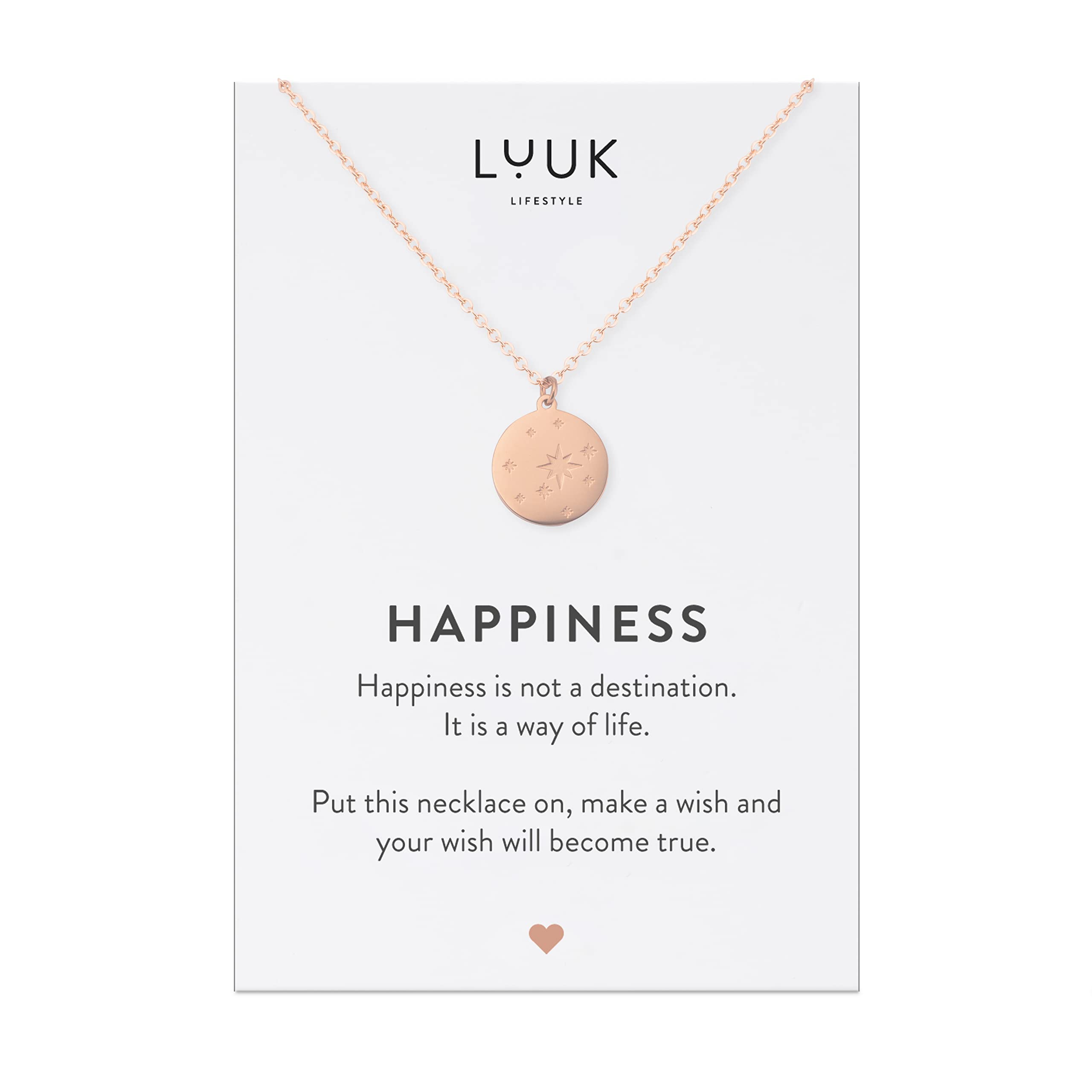 LUUK LIFESTYLE Collane con diverso Ciondolo (50 cm) in Acciaio Inossidabile e cartolina HAPPINESS, Regali per Lei, Donna, Ragazza, Moglie, Mamma, Amica, Gioielli, Argento, Oro e Oro rosa