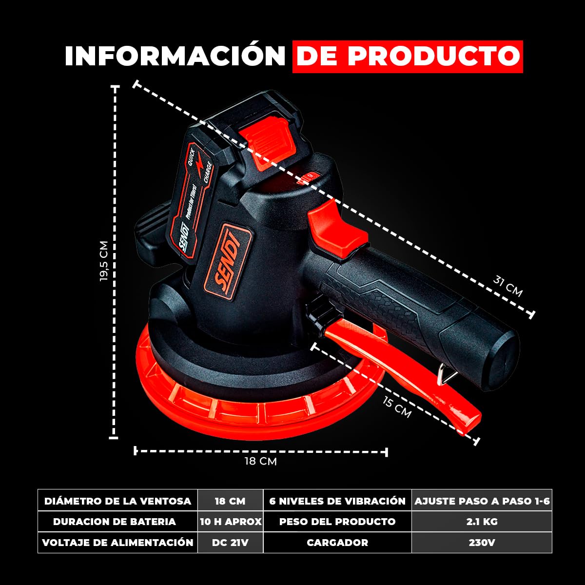 Ventosa vibrante SENDI VSC-18 - Macchina progettata per la vibrazione di piastrelle, gres di diverse dimensioni, 6 livelli di vibrazione e 180 mm di diametro