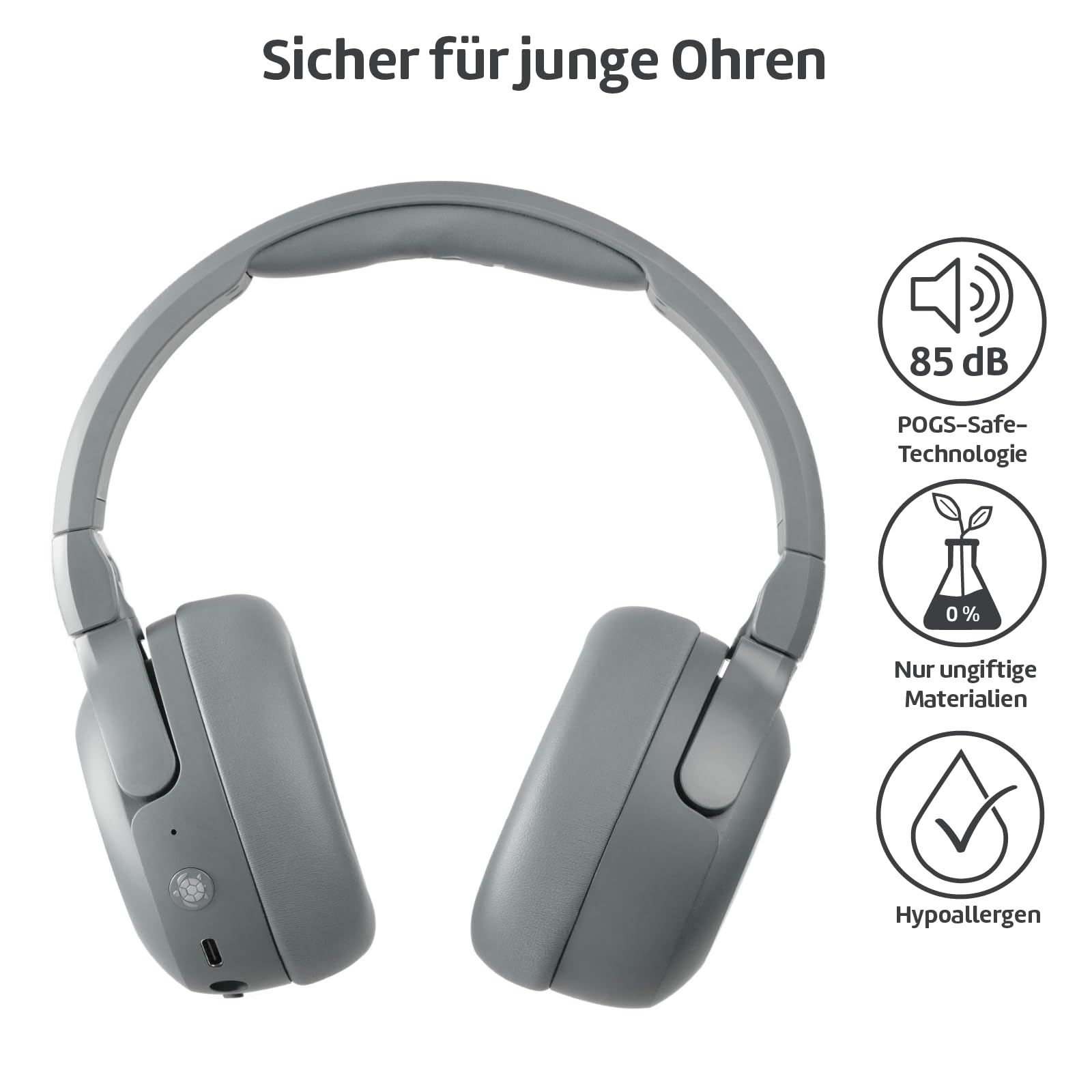 POGS Drahtloser Bluetooth Over-Ear Noise Cancelling-Kopfhörer | The Turtle | Faltbarer robuster Kopfhörer | Lautstärkebegrenzung 85 dB, Mikrofon | Kabellose Musik-Sharing-Funktion (rGrau)