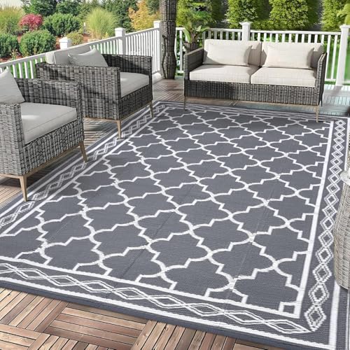 Garvee Outdoor Rug for Patio Clearance, 10'x14' Waterproof Large Camping Mat, Reversible Plastic Straw Rugs for RV, Camper, Balcony, Backyard, Picnic, Deck (Grey/White)