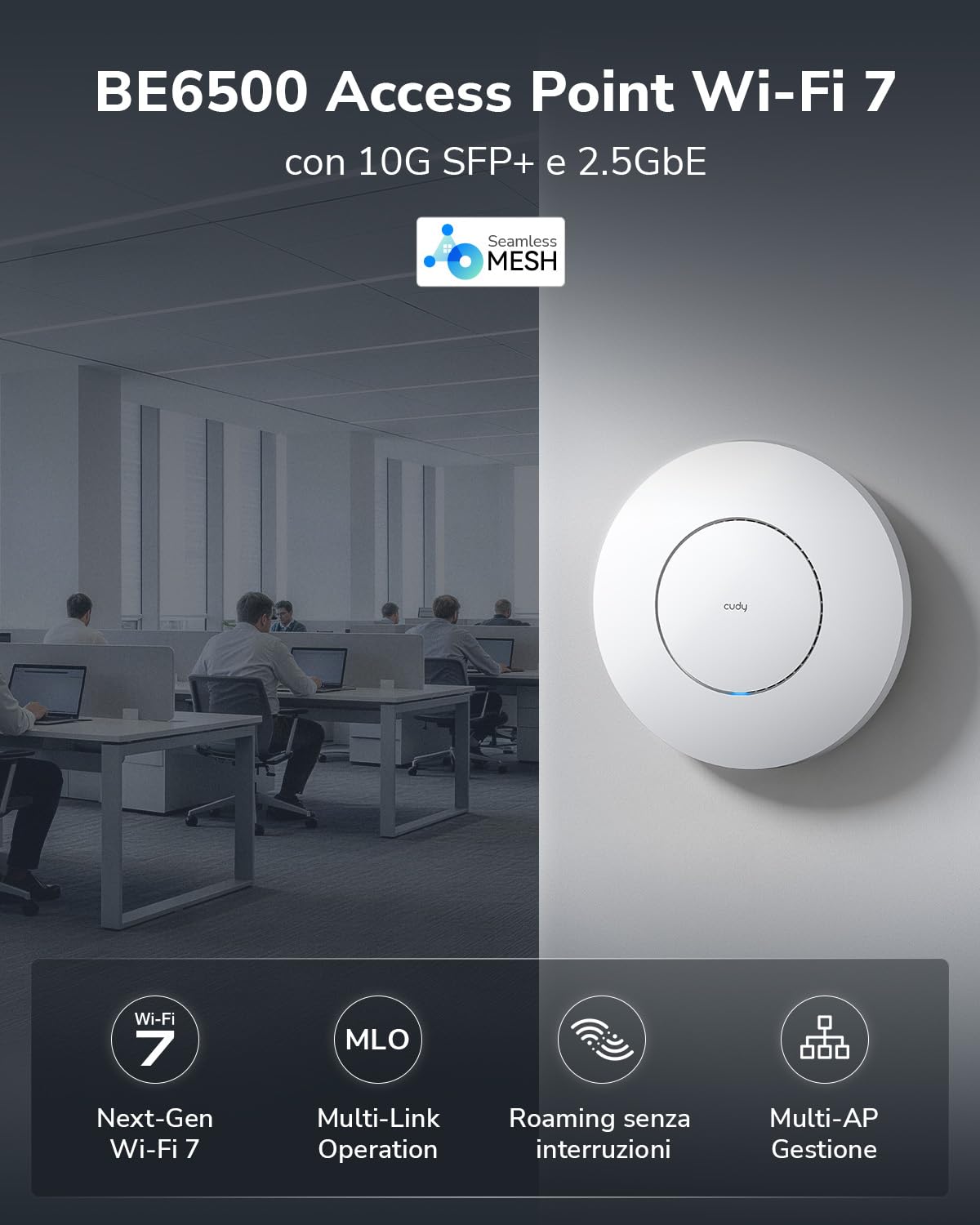 Cudy BE6500 Access Point Wi-Fi 7 Tri-Band a Soffitto, AP6500 | 5765+688 Mbps, 130 m², 200+ Client, Captive Portal, 10G SFP+, 1x 2.5GbE, Cloud, VPN, Multi-SSID