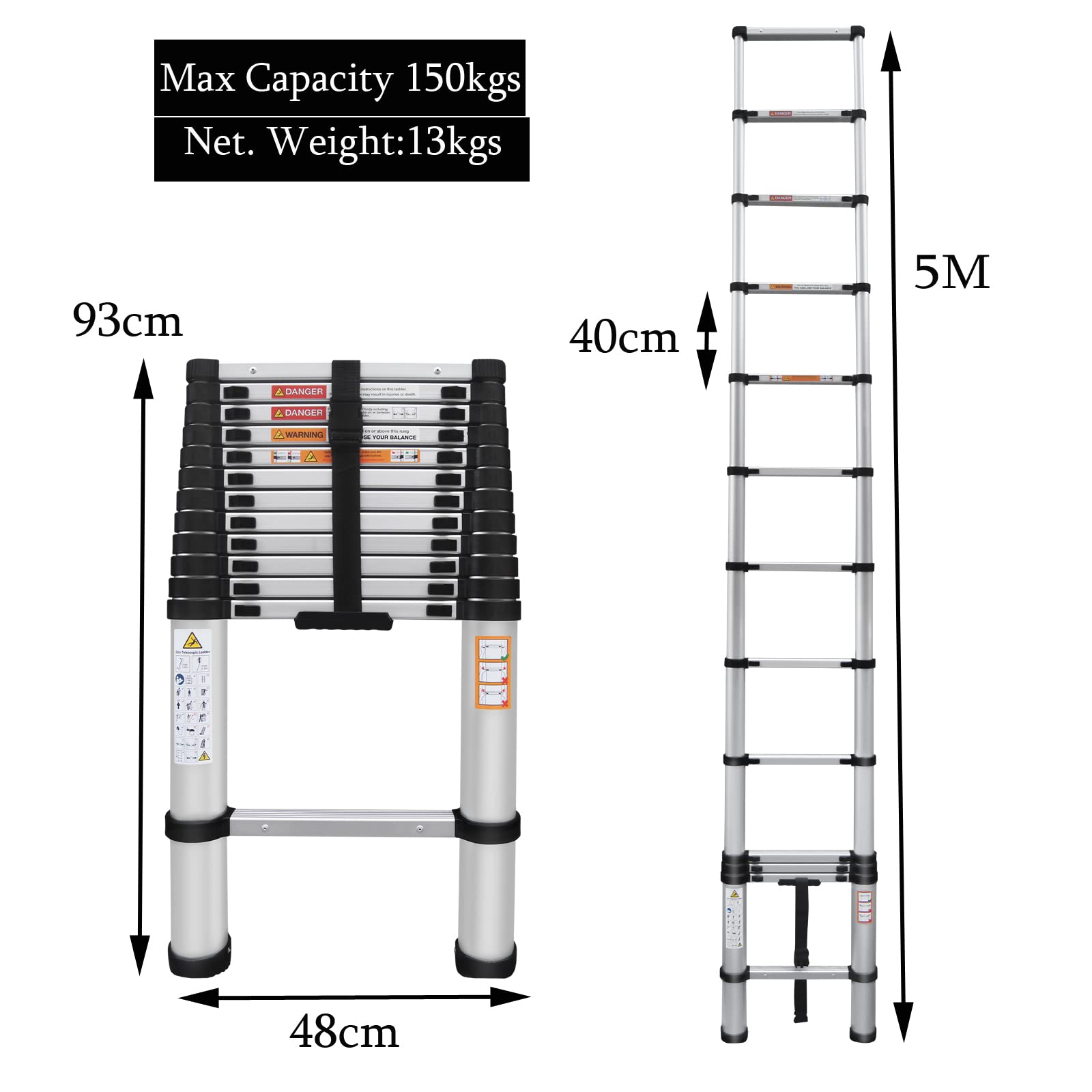 Scala telescopica da 5 m, in alluminio, allungabile, con piedini antiscivolo, capacità 150 kg, standard EN131, per interni ed esterni, colore: argento