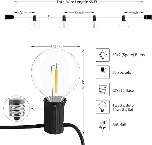 Miniatura 6 de Brightown Led String Lights Outdoor 55Ft G40 Patio Lights with 52 Led Shatterproof Bulbs(2 Spare), Waterproof Led Globe Hanging Lights for Backyard