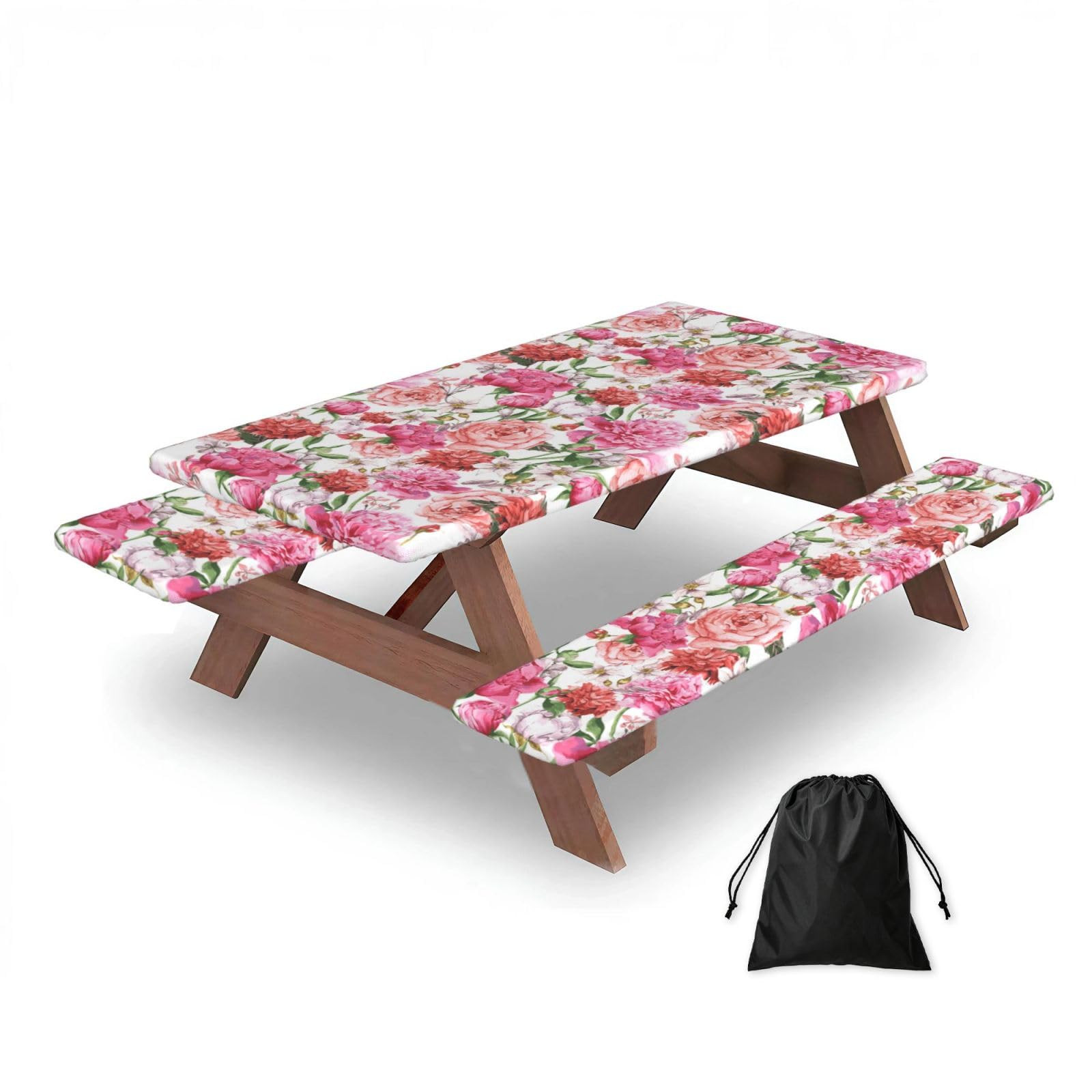 Dopklna As Picture Garden Peony, Picnic Table Cover With Bench Covers -Waterproof Elastic Fitted Tablecloth For Garden Camping Patio 76X152cm