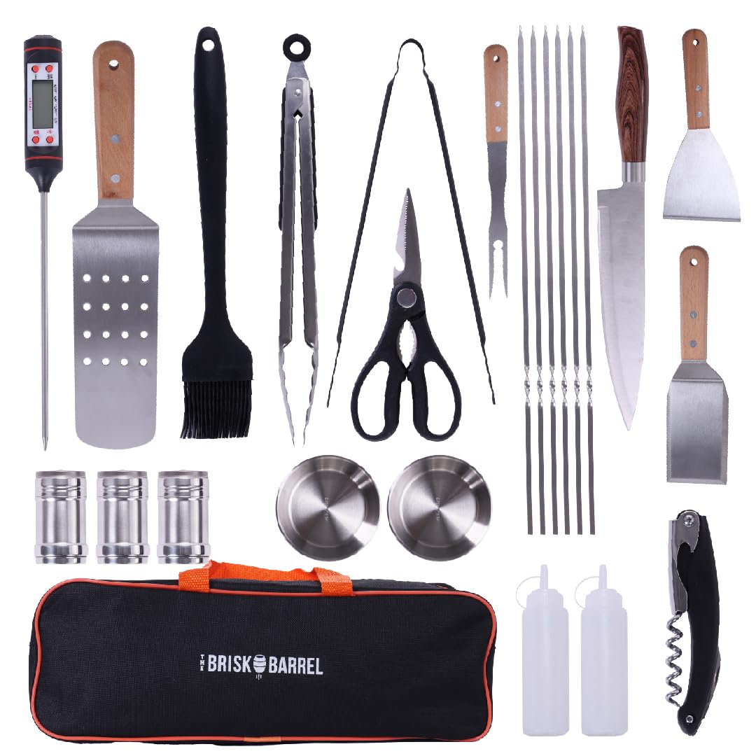 BBQ Accessories 24 in 1. Outdoor Grill Tools with Fork, Tong, Skewers, Digital Meat Thermometer - No Battery Included. Complete Grilling Tools kit with Portable Bag