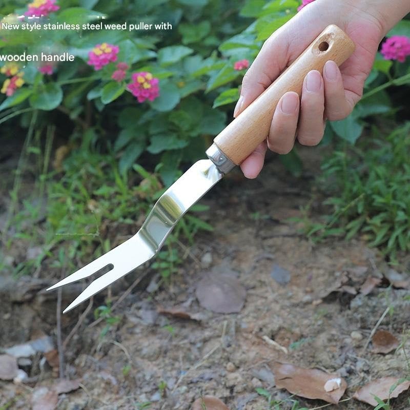 Stainless Steel Manual Weeding Tool with Wooden Handle – Garden Hand Shovel for Weed Removal, Root Lifting, Loosening Soil and Transplanting (Wood Handle)