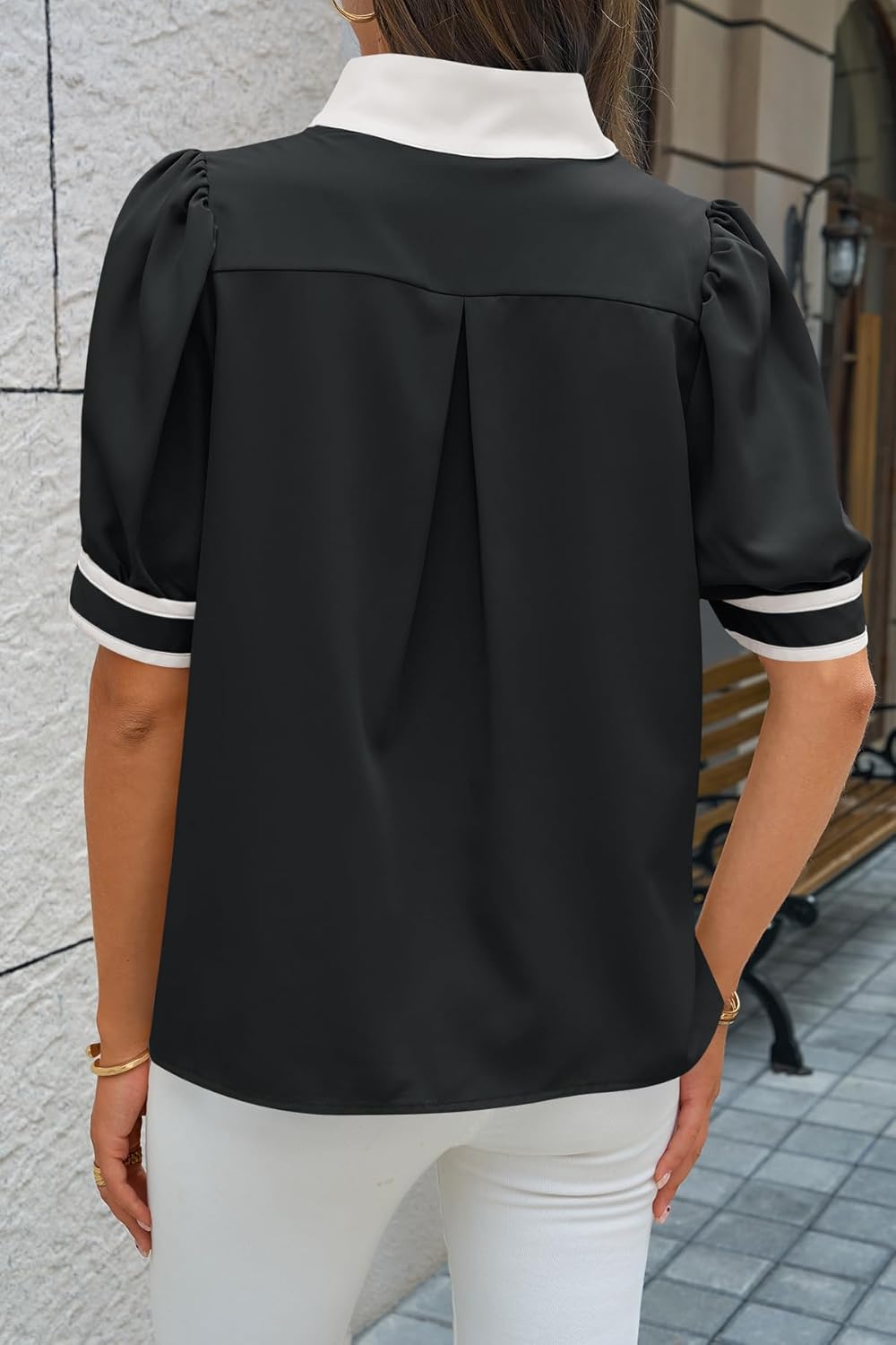 Cicy Bell Womens Color Block Puff Sleeve Blouses Summer Casual Dressy V Neck Tops Loose Fit Tee Shirts - Image 4