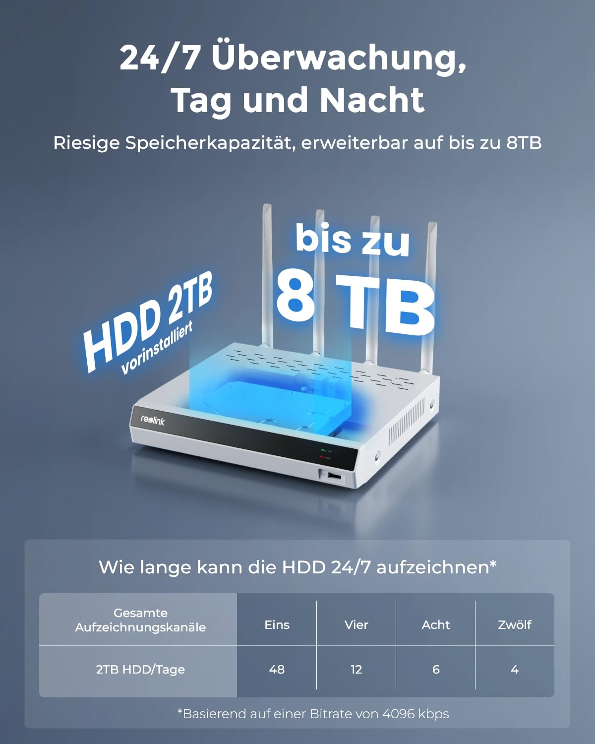 Reolink 4K Wi-Fi 6 PT Überwachungskamera Set, 4stk WLAN-Kameras Outdoor mit 355° Pan & 50° Tilt, Bewegungsverfolgung, Smart-Erkennung, Farbnachtsicht, 12-Kanal Wi-Fi NVR mit 2TB HDD (RLK12-800WPT4)