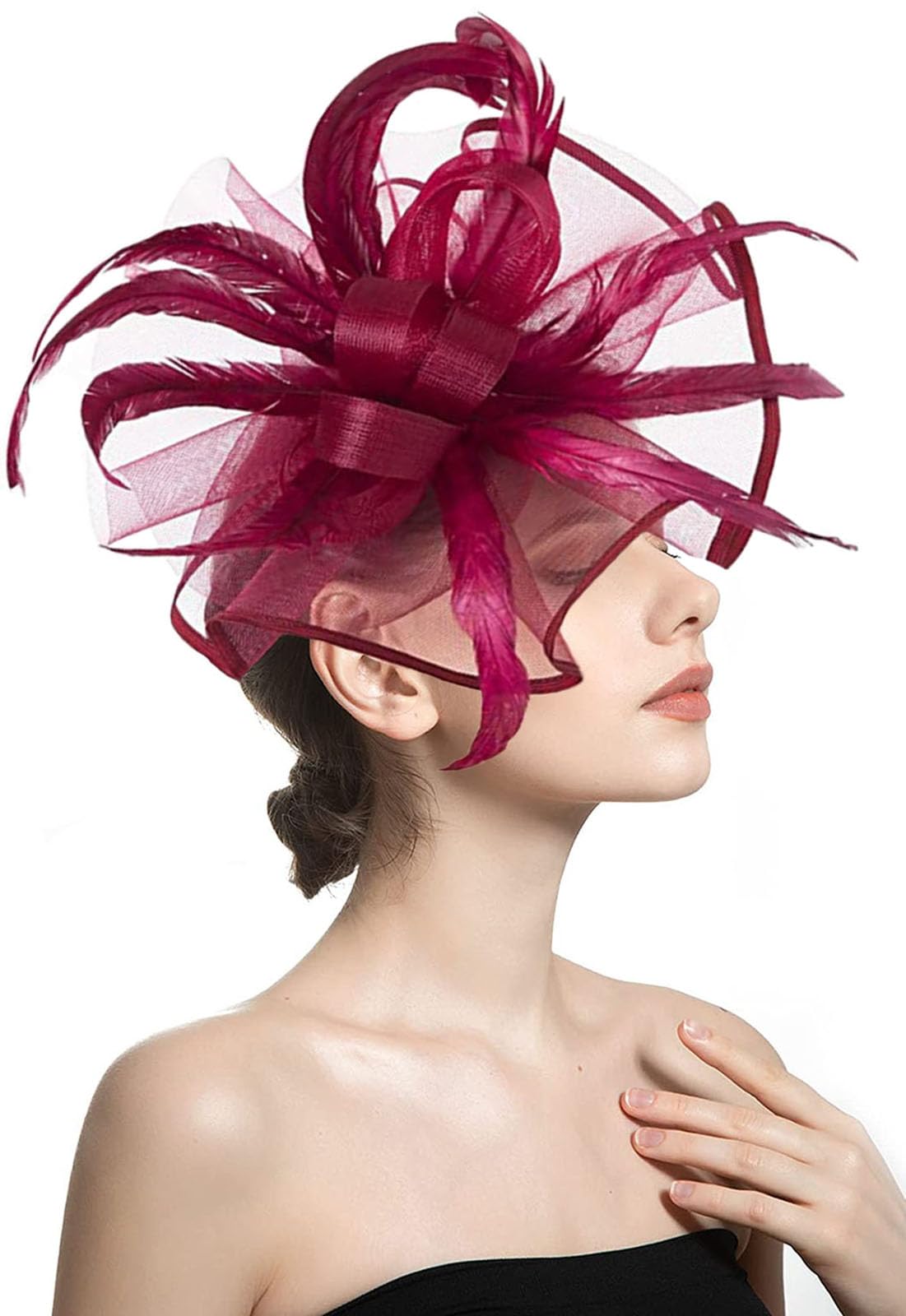 ORIDOOR Women Fascinator Flower Feathers Hat Tea Party for Derby Cocktail Wedding Kentucky Fascinators Hat A Wine Red