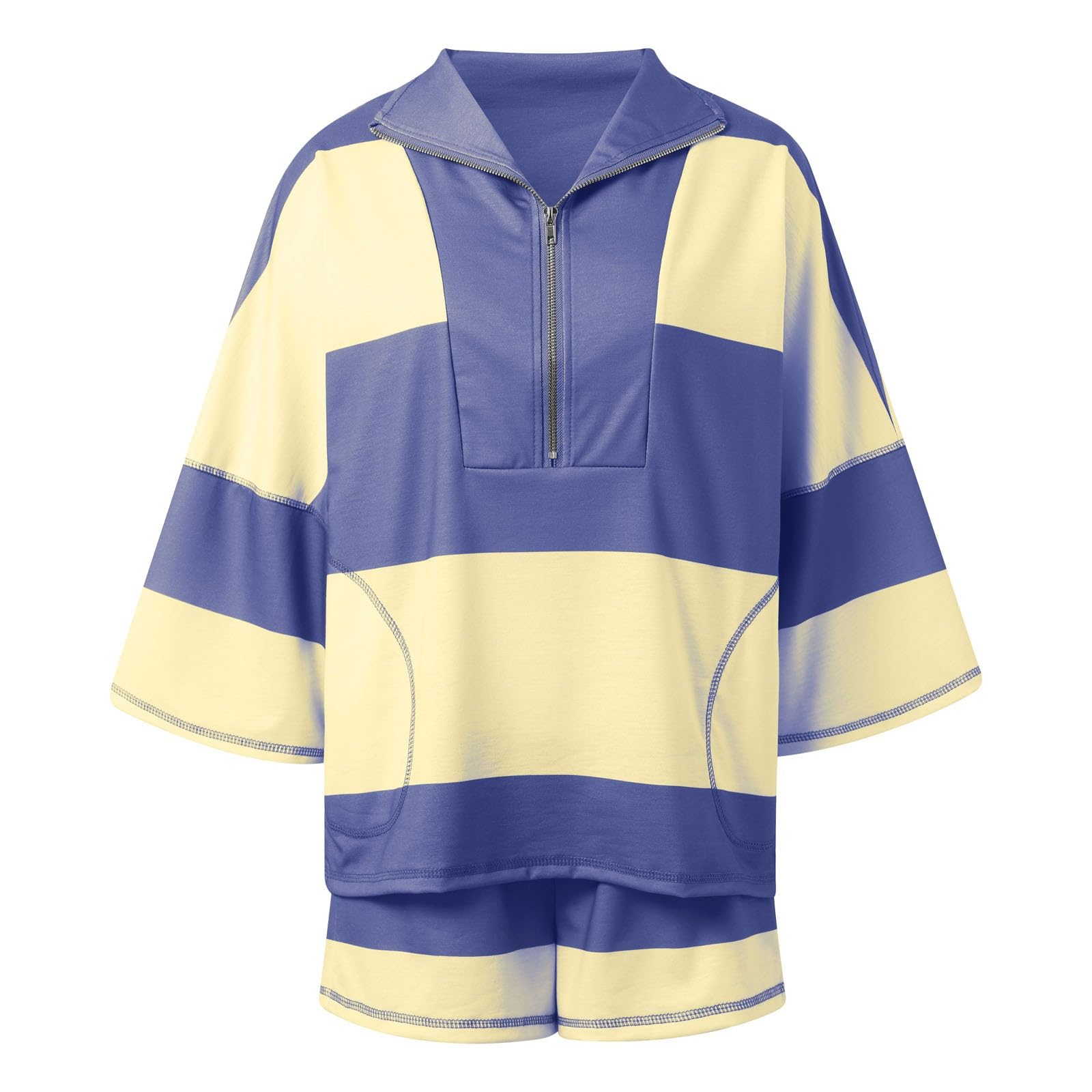 Generisch Survêtement d'été 2 pièces pour femme - Court - Couleur unie - Tenue de détente - Ensemble de vacances - Élégant et décontracté - Survêtement léger à manches courtes et short avec poches