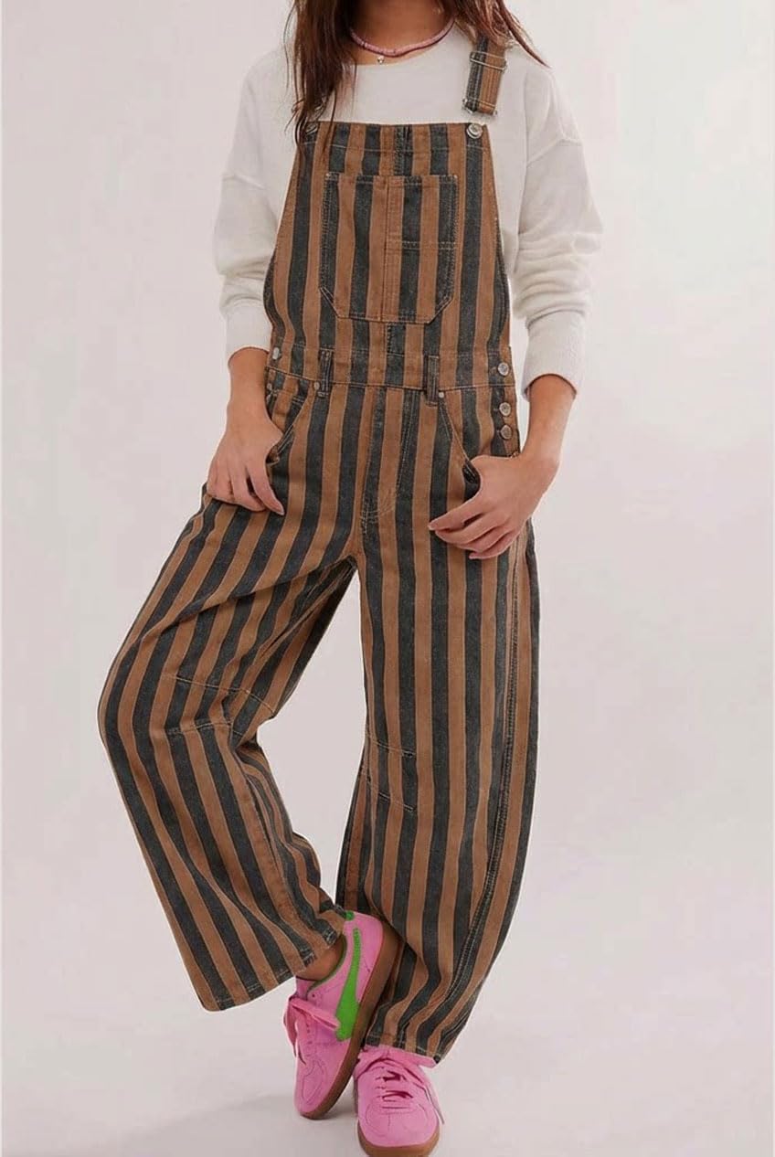 utcoco Women's Y2k Baggy Barrel Jeans Overalls Wide Leg Striped Denim Jumpsuit Stretch Bib Coveralls