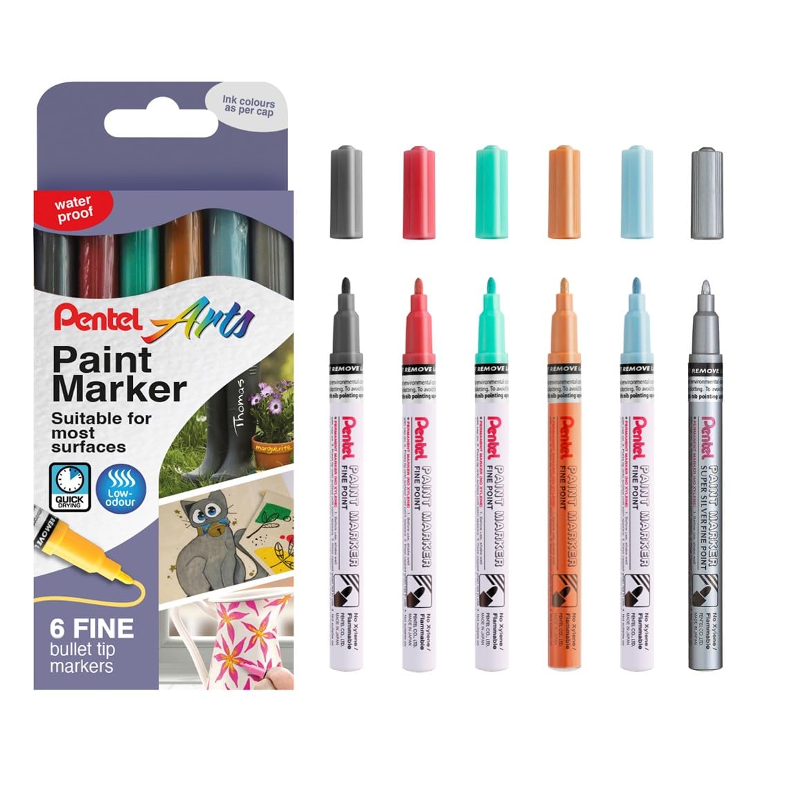 Pentel MSP10 Paint Marker Wallet, Fine Bullet Tip, Metallic Colours (6 Marker Pens)