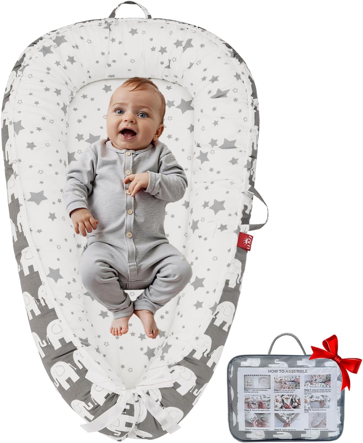 Baby Lounger, Newborn Lounger, Baby Nest Bed, Portable Baby Bed, Girl Boy Baby Essentials, Soft Breathable Portable Infant Lounger Essentials (Gray Elephant)