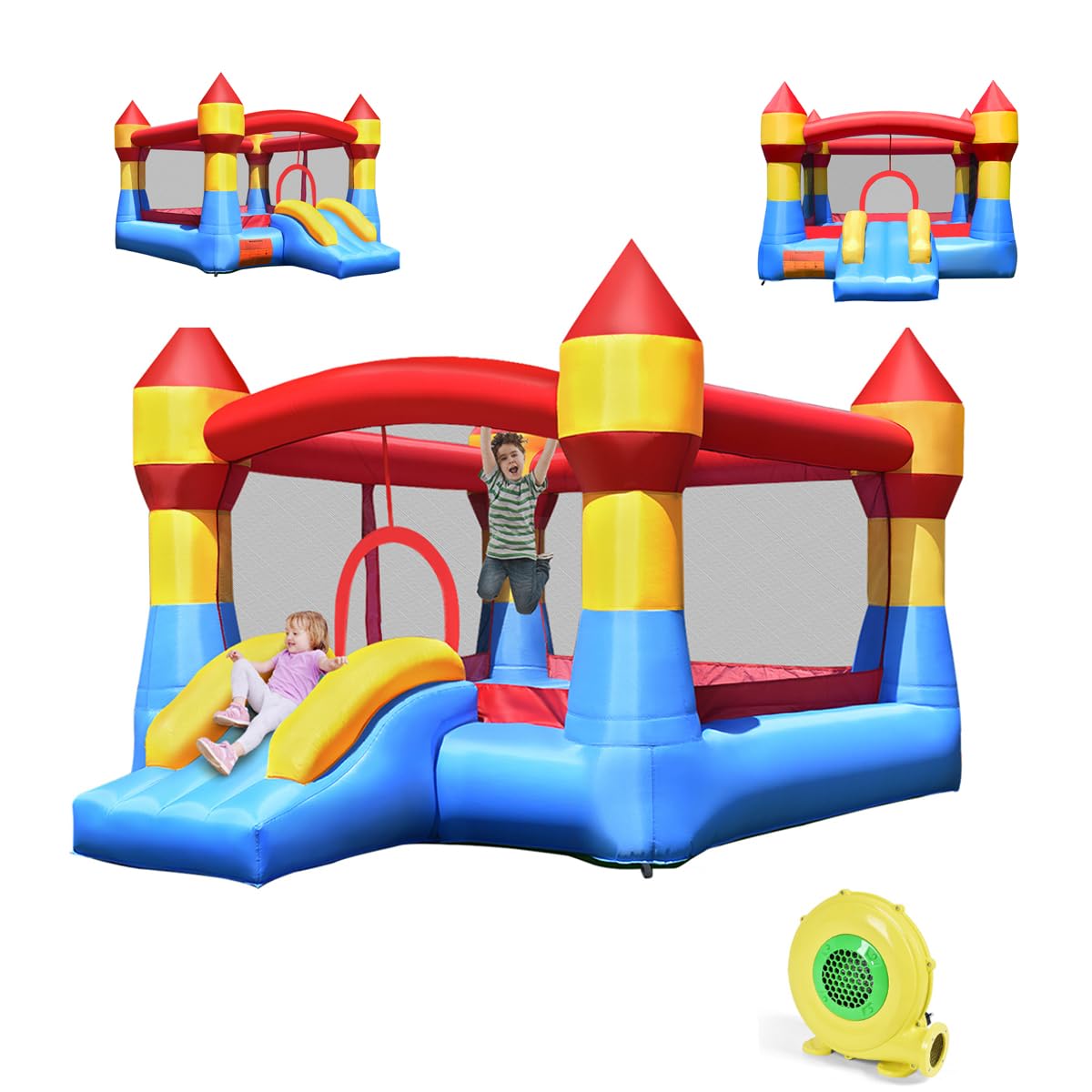 COSTWAY Château Gonflable Avec Toboggan Et Souffleur 450W – 370x280x230 Cm, 135 Kg, 3-10 Ans