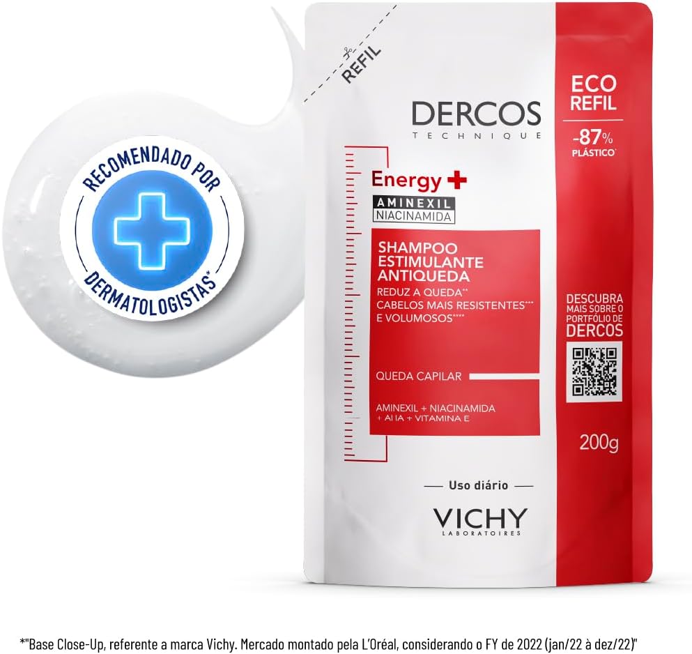 Vichy Dercos Energy+, Refil Shampoo Estimulante, Tratamento Antiqueda para Cabelos Fracos e Quebradiços, Fortalece os Fios com Aminexil, AHA, Niacinamida e Vitamina E, 200g Vichy Dercos Energy+, Refil Shampoo Estimulante, Tratamento Antiqueda para Cabelos Fracos e Quebradiços, Fortalece os Fios com Aminexil, AHA, Niacinamida e Vitamina E, 200g
