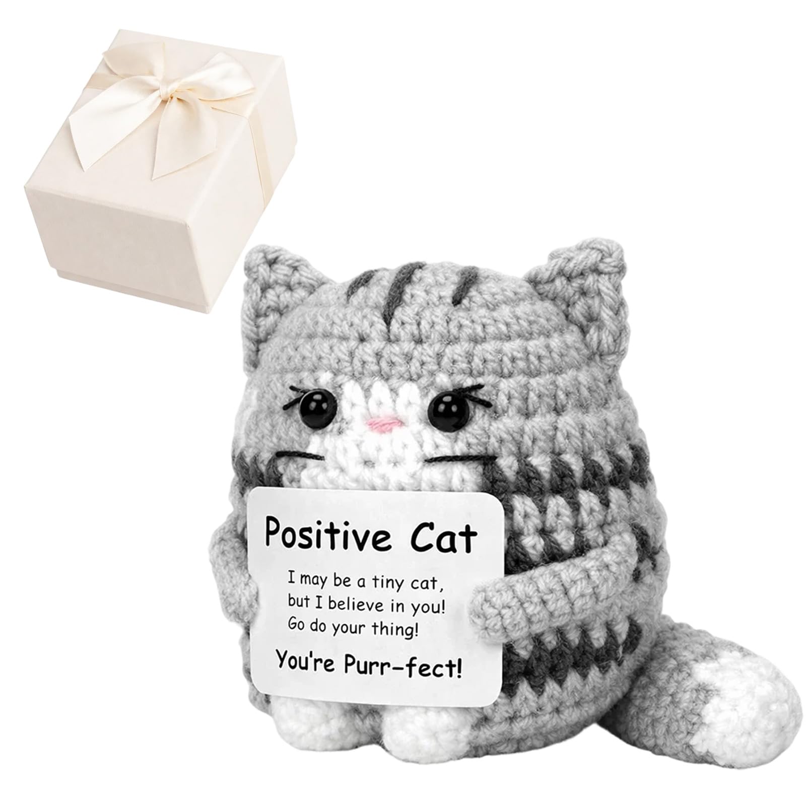 GegXcn 2-Piece Crochet Cat Set with Ribbon Gift Box, Handmade Positive Cat Emotional Support Crochet Animals, Cute Kitten Desktop Decoration and Cat Gifts for Women