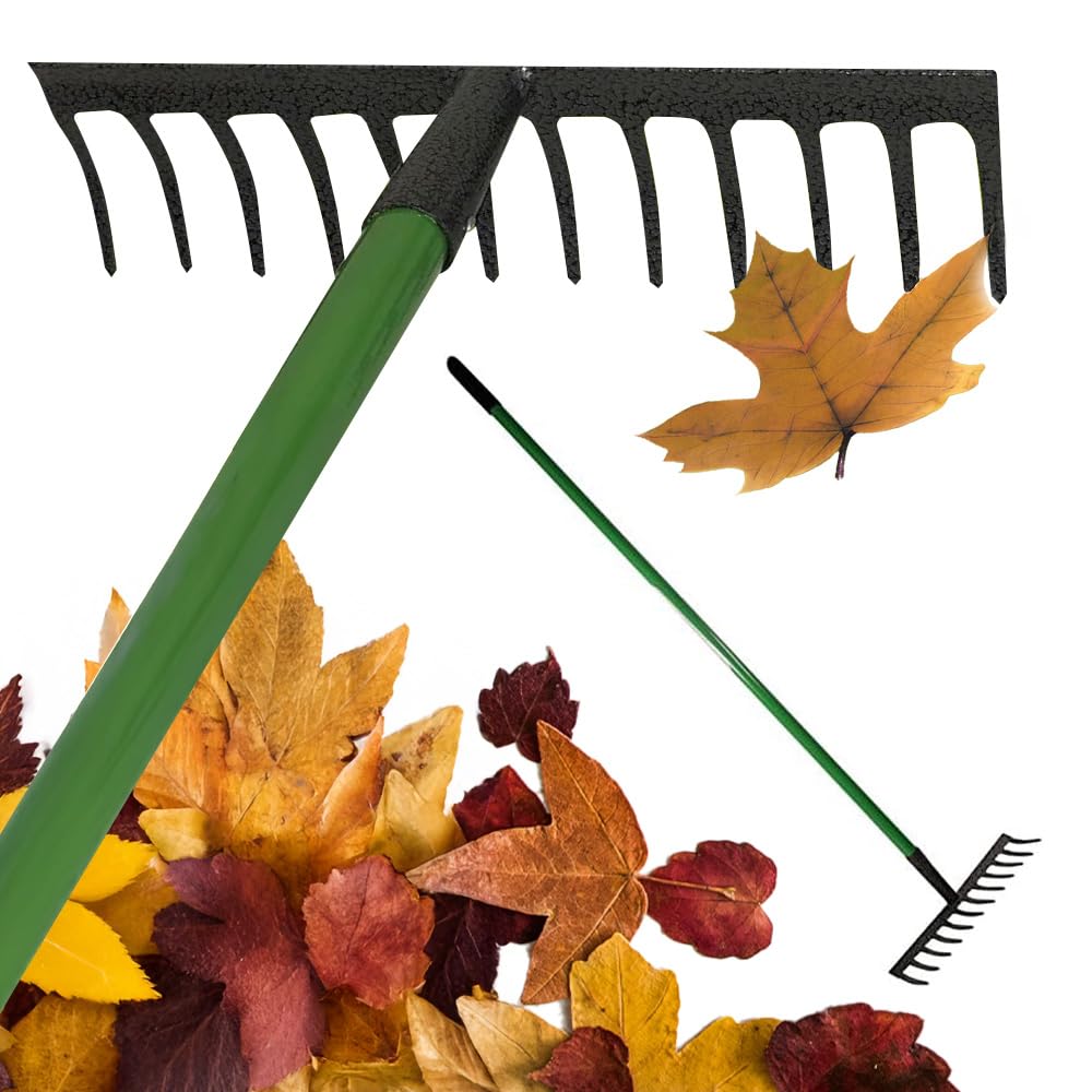 12 Teeth Lawn Rake with PVC Grip - Shaft Garden Handle Leaf Metal Head Carbon Steel Heavy Duty Raker | Gardening Hand Tool | for Raking, Weed Removal and for Working the Soil Grass Leaves