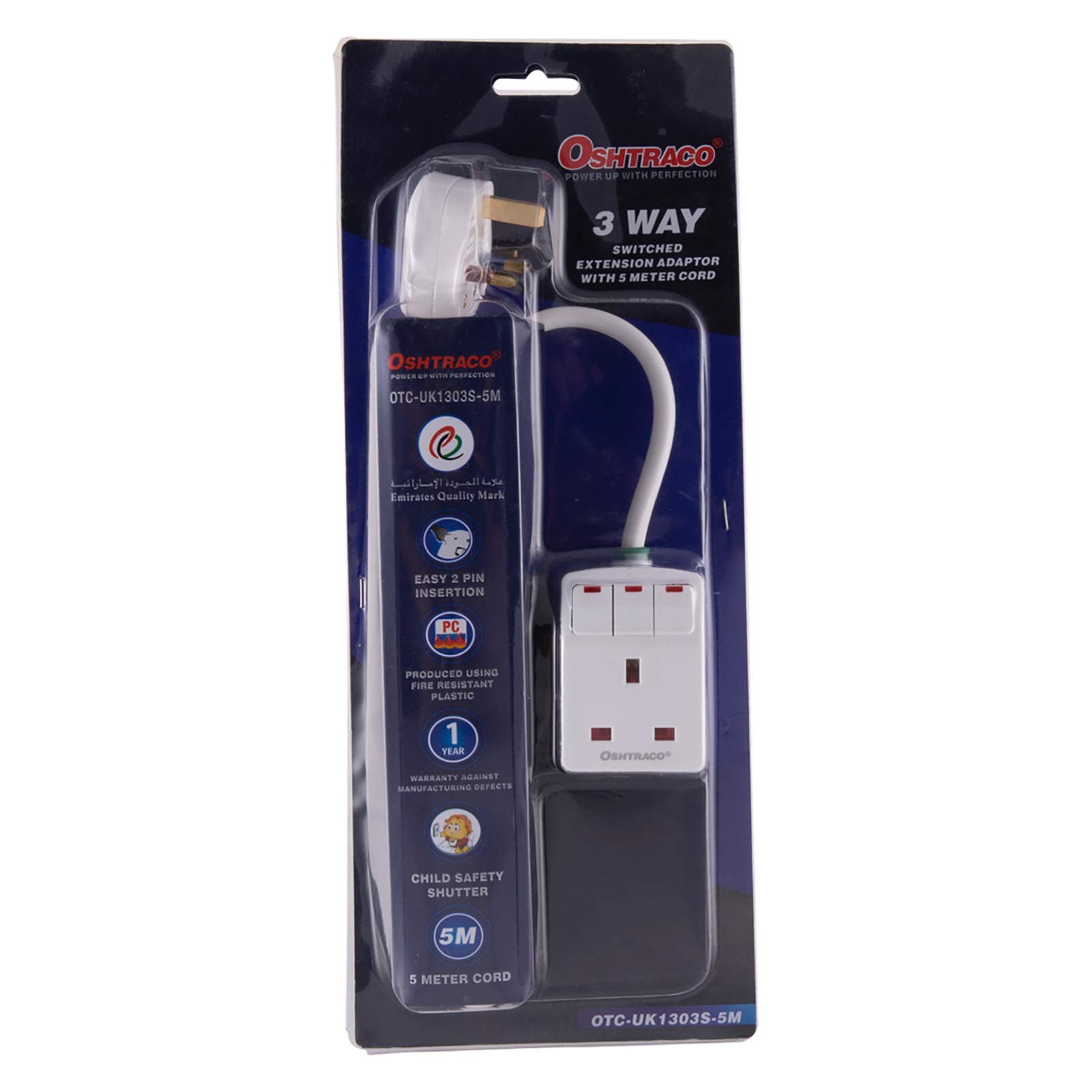 Oshtraco OTC-UK1303S-5M 3Way Switch Bs Plug Multi Adaptor