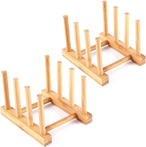 YWSHF 2 piezas de estante de bambú y madera para secar platos, bandeja de drenaje, soporte para almacenamiento, organizador de gabinete de cocina