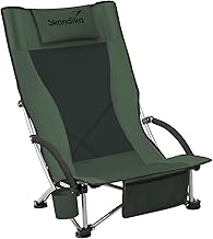 Skandika Strand Klappstuhl Beach | Bequemer Strandstuhl mit atmungsaktivem Mesh, Getränkehalter, niedrig, leicht zu transportieren, max. 136 kg | Faltbarer Campingstuhl, Liegestuhl (schwarz/grün)