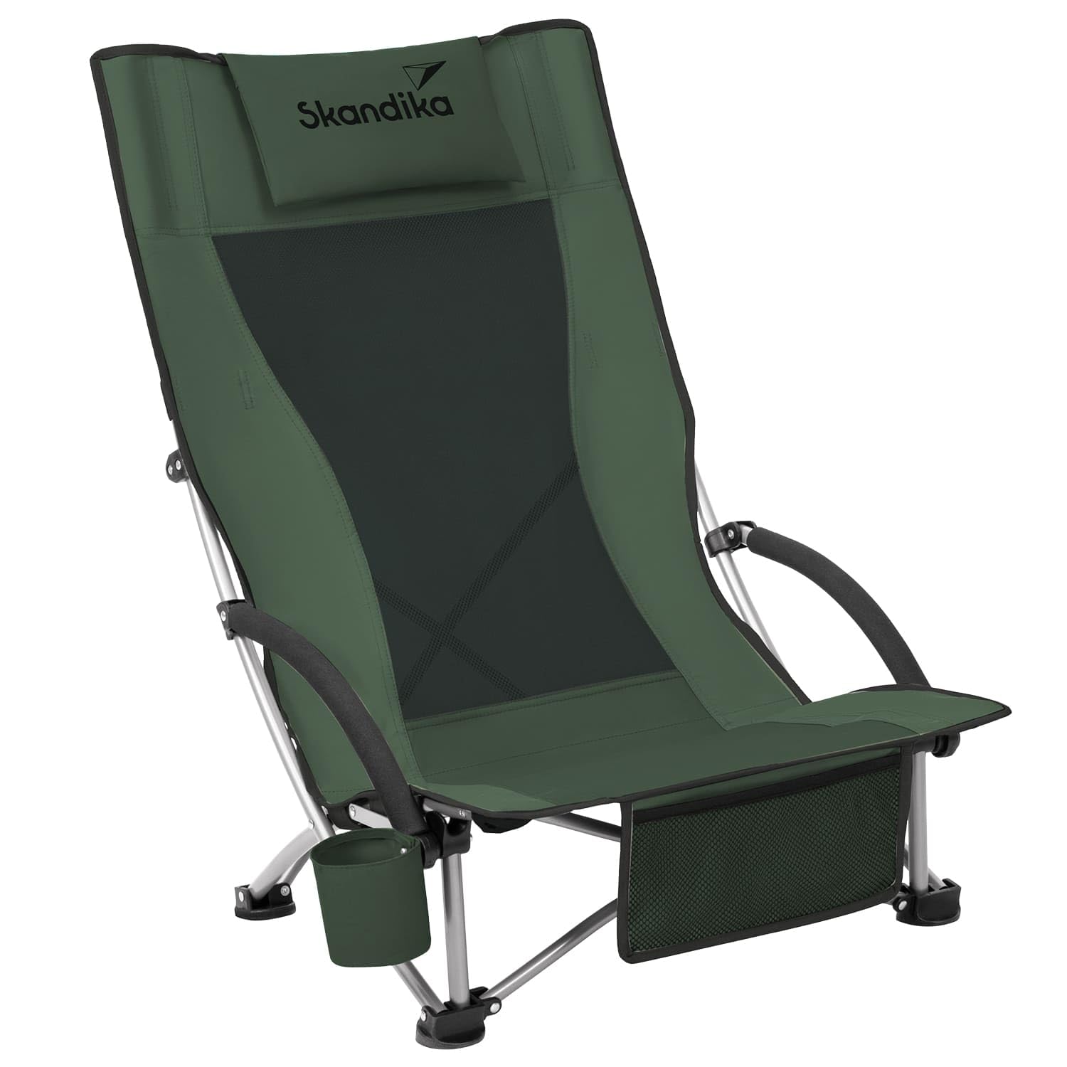 Skandika Strand Campingstuhl Beach | Bequemer Strandstuhl mit atmungsaktivem Mesh, Getränkehalter, niedrig, leicht zu transportieren, max. 136 kg | Faltbarer Klappstuhl, Liegestuhl (schwarz/grün)