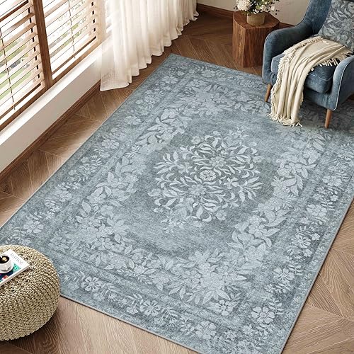 4x6 Area Rug Gray Washable Office Vintage Distressed Carpet Bedroom Indoor Medallion Floral Living Room Non Slip Retro Throw Floor Mat for Dining Room Kitchen Bathroom