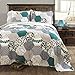 Lush Decor Briley Quilt 3 Piece Reversible Print Hexagon Pattern Patchwork Neutral Bedding Set, King, Turquoise Blue