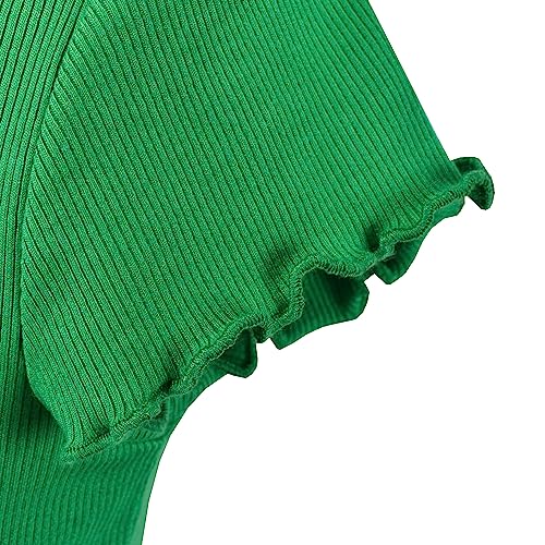 Image of Sunny Fashion Girls T-Shirt Crop Top Brown Lettuce Trim Ribbed Knit Button Casual