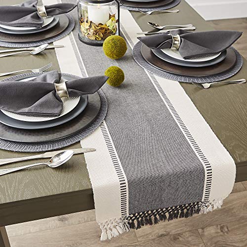 Dii Dobby Stripe Woven Table Runner, 13X72 (13X77.5, Fringe Included), Mineral Gray #TOP5