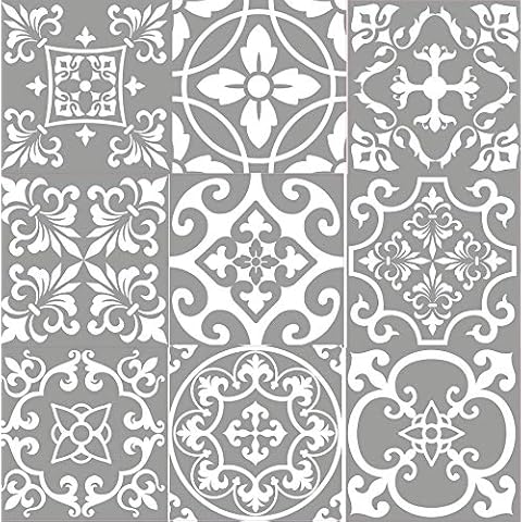 Grey tile stickers Victorian Morrocan Modern self adhesive wall art decor transfers-Bathroom backsplash kitchen splashbacks floral decals peel and stick (Mixed grey modern, 6 inch) Pack of 9 Cover