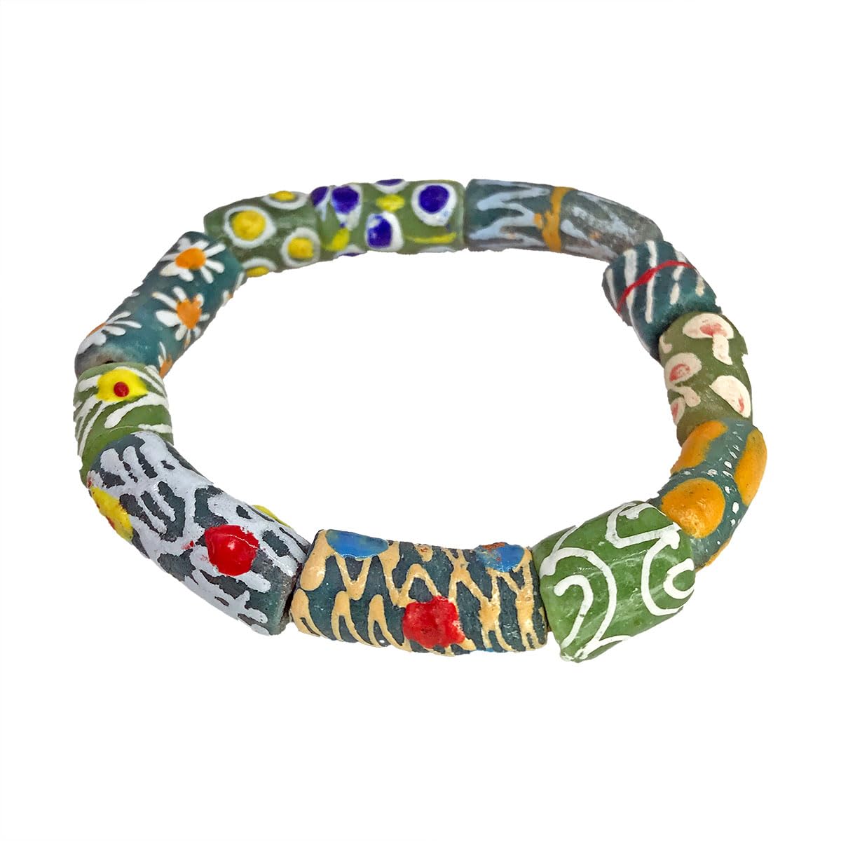 Blue & Green Hand painted Ghana Krobo Glass Bead Beaded Bracelet| Afrocentric | African Bead Bracelet | Ghana | Cloth & Cord