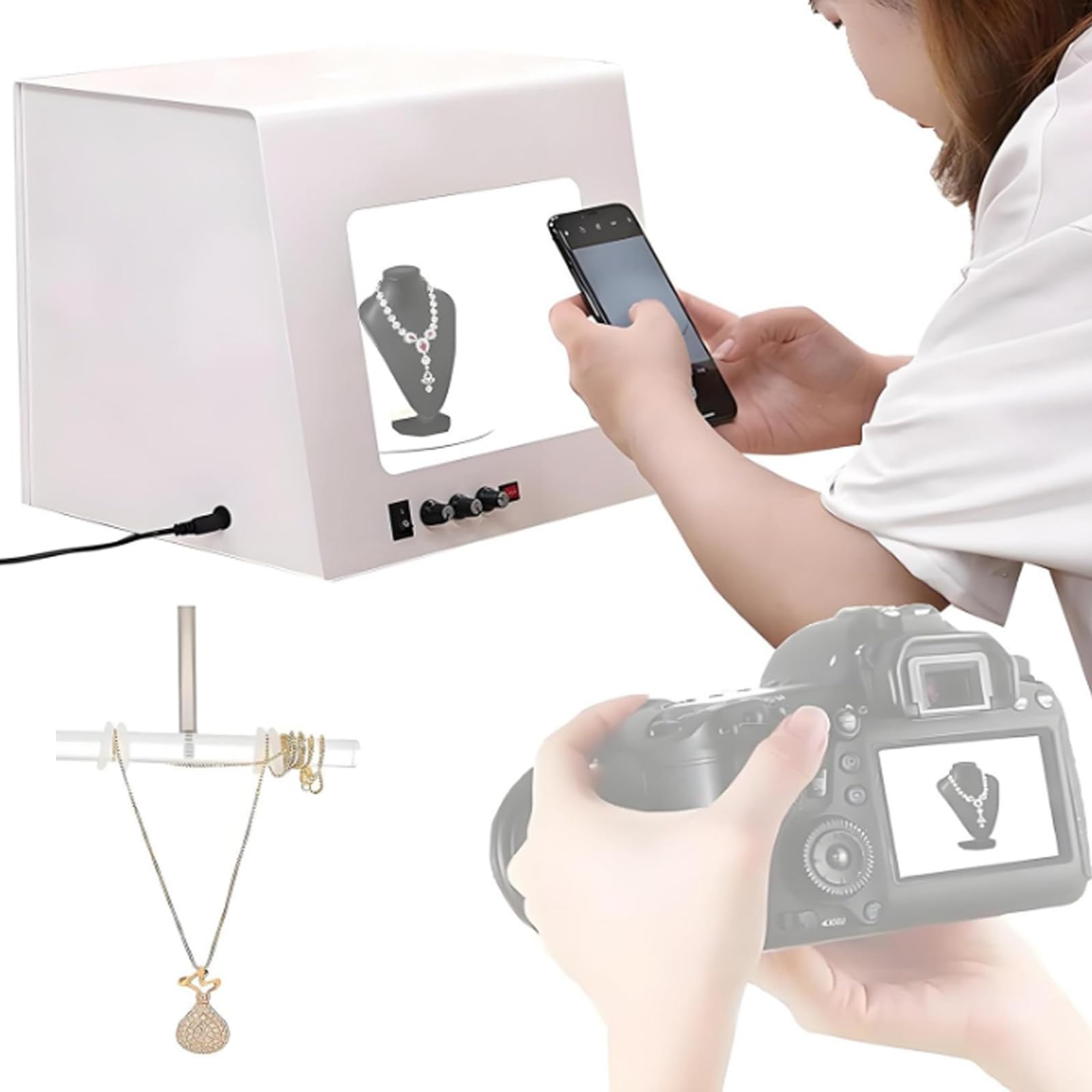 Kit per fotografia di gioielli, tenda da tiro portatile dimmerabile con 4 luci di riempimento, luminosità regolabile per studio domestico, piccola softbox per esposizione gioielli